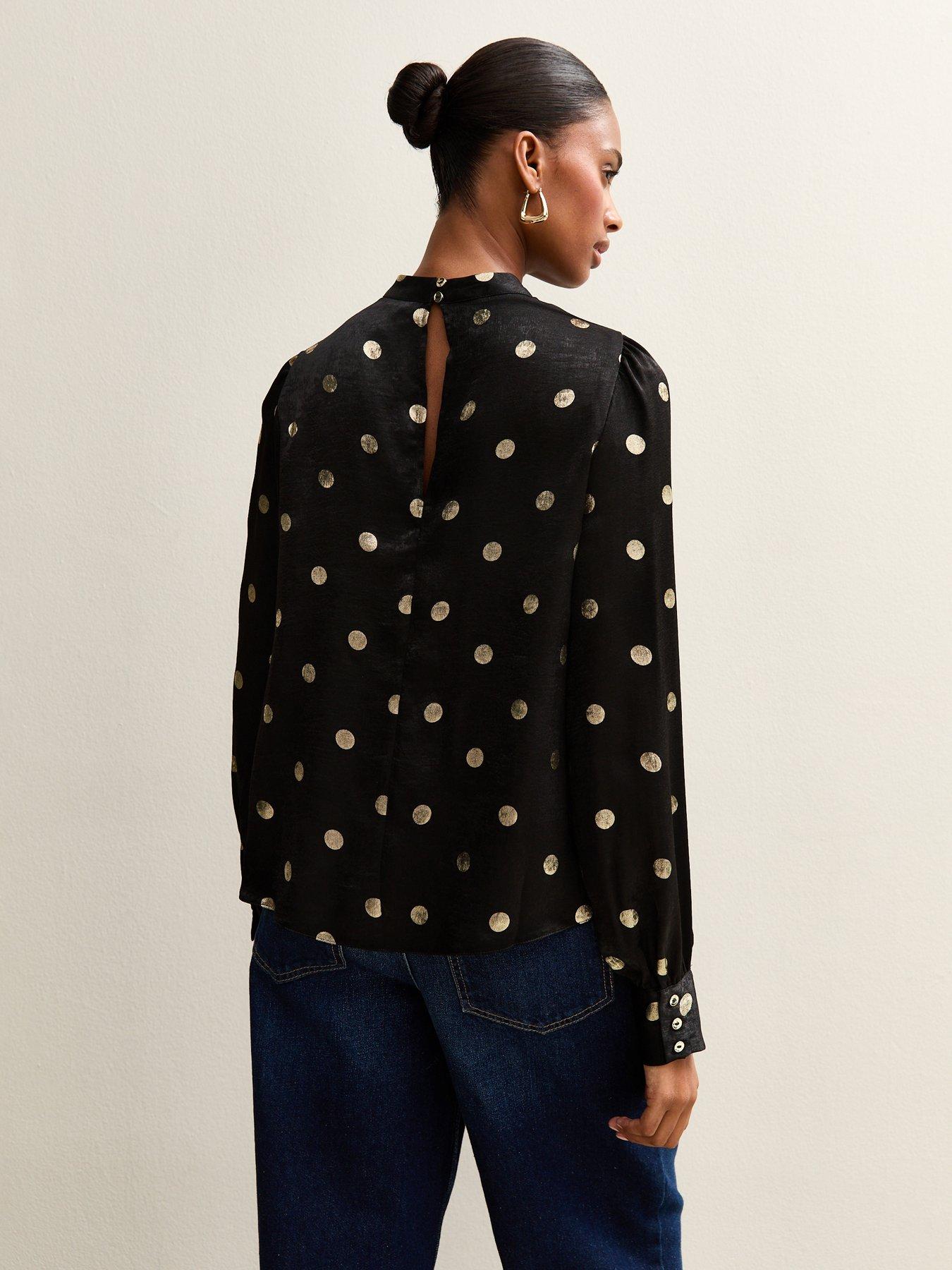 Image 2 of 5 of New Look Black Foiled Polka Dot Keyhole Neck Blouse