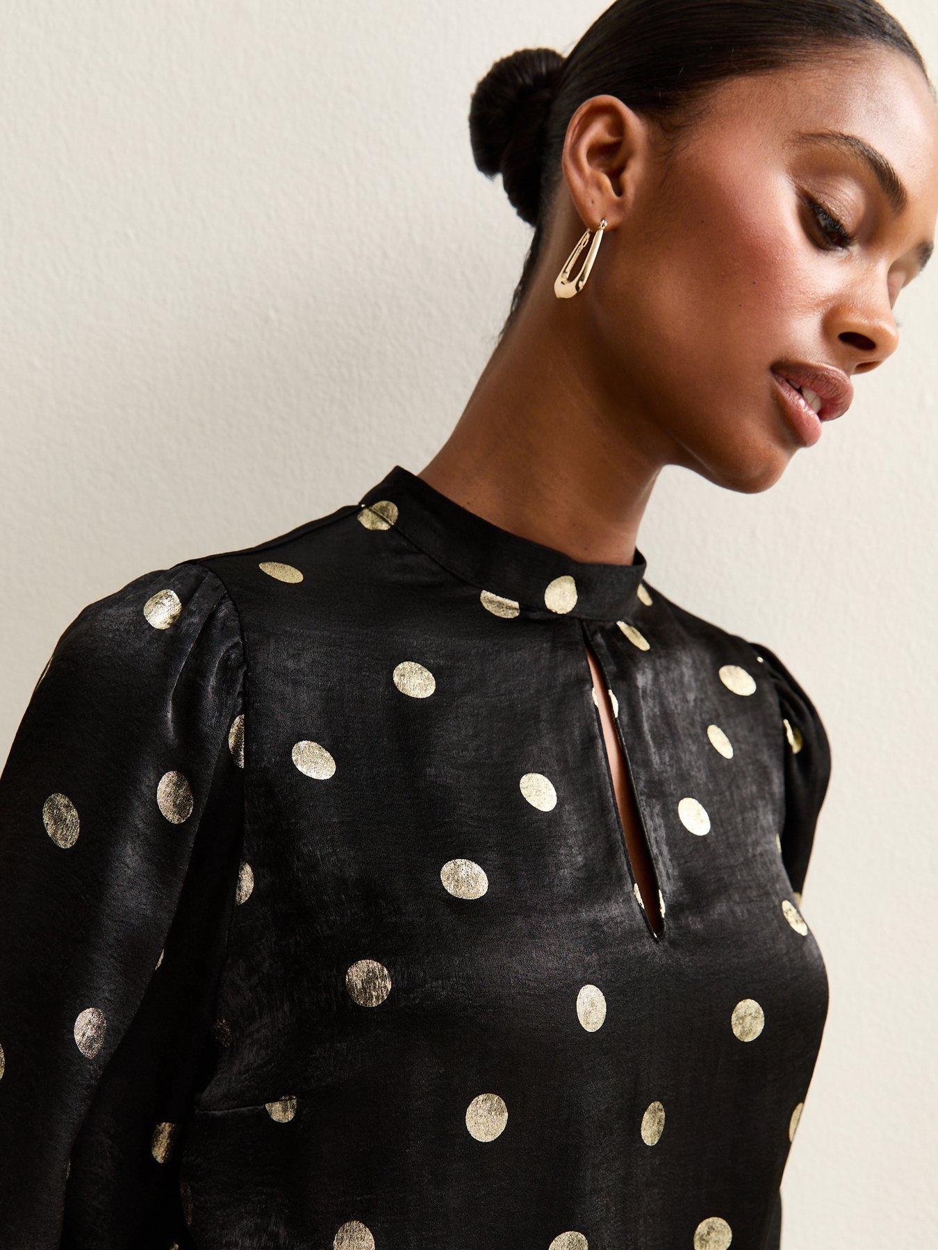 Image 4 of 5 of New Look Black Foiled Polka Dot Keyhole Neck Blouse