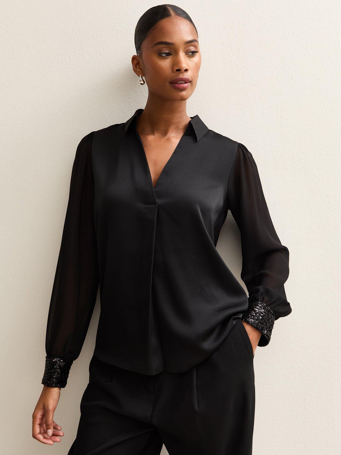  image of new-look-open-neck-sequin-long-sleeve-satin-shell-black