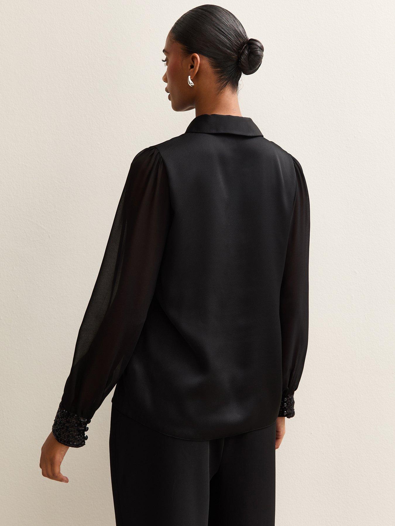 stillFront image of new-look-open-neck-sequin-long-sleeve-satin-shell-black