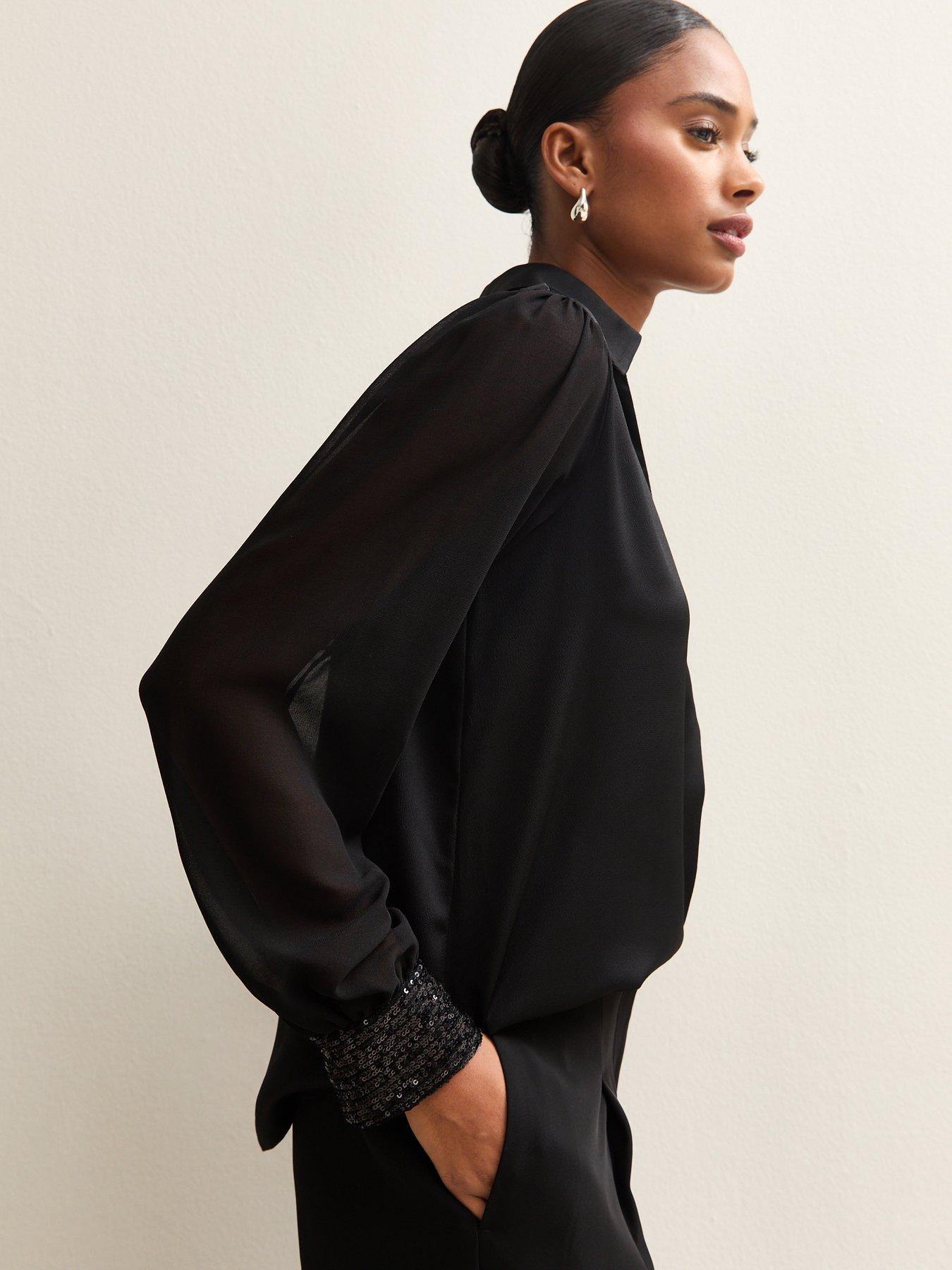  image of new-look-open-neck-sequin-long-sleeve-satin-shell-black