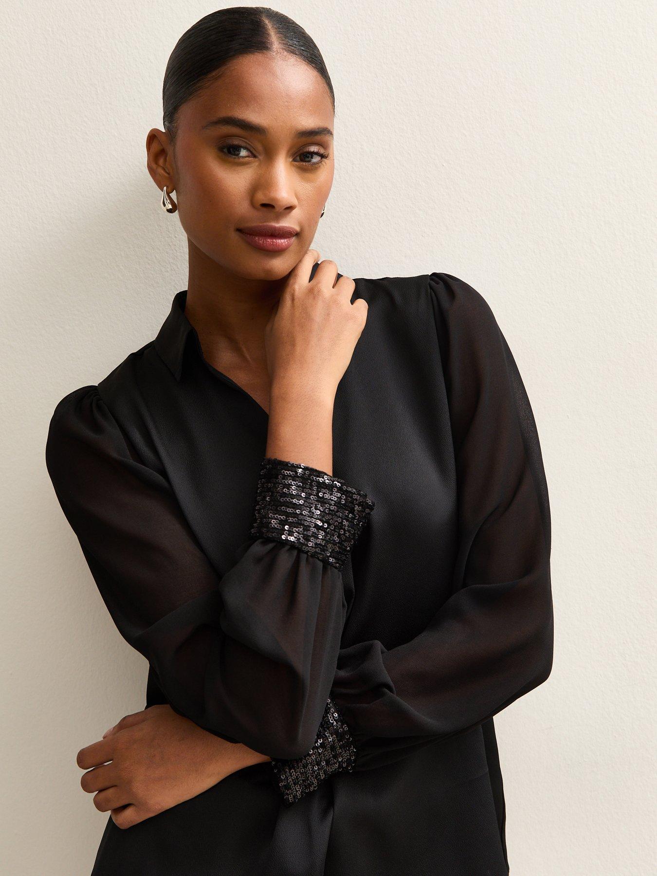  image of new-look-open-neck-sequin-long-sleeve-satin-shell-black