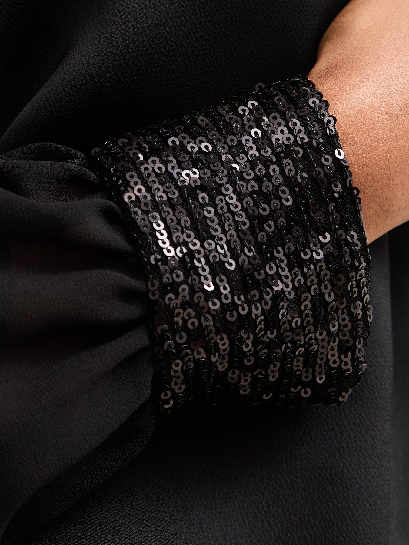  image of new-look-open-neck-sequin-long-sleeve-satin-shell-black