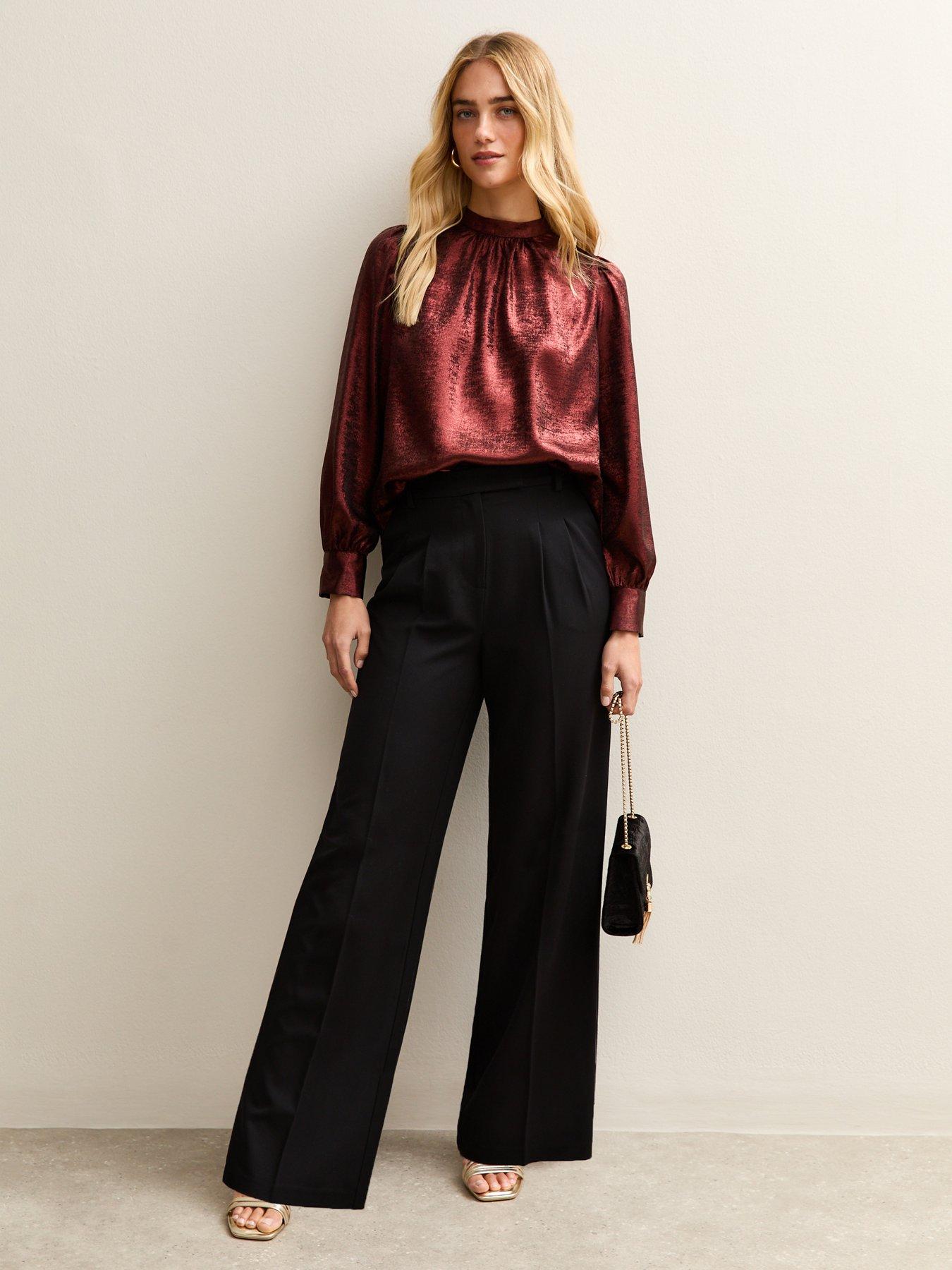  image of new-look-metallic-high-neck-blouse-dark-burgundy-red