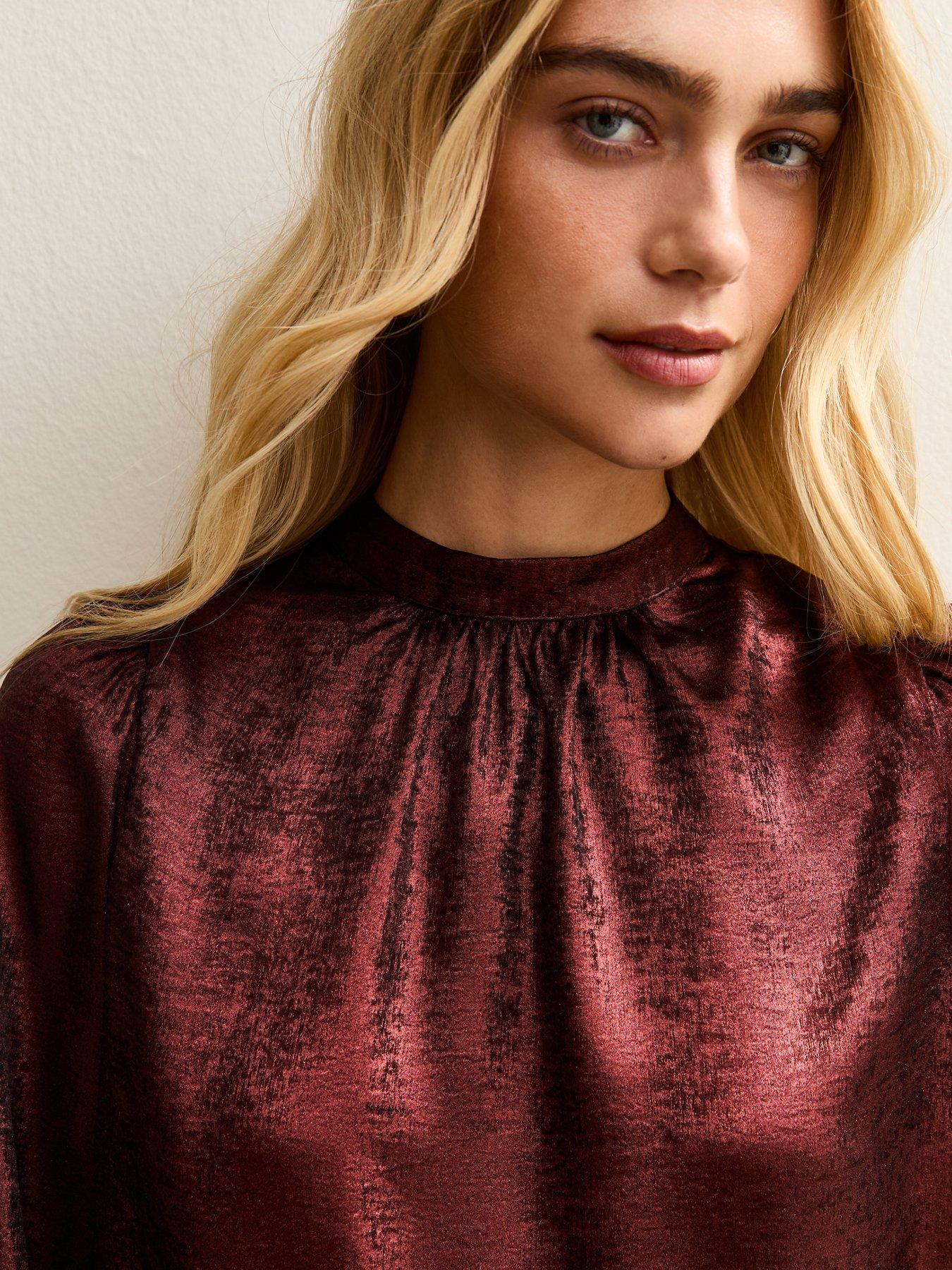  image of new-look-metallic-high-neck-blouse-dark-burgundy-red