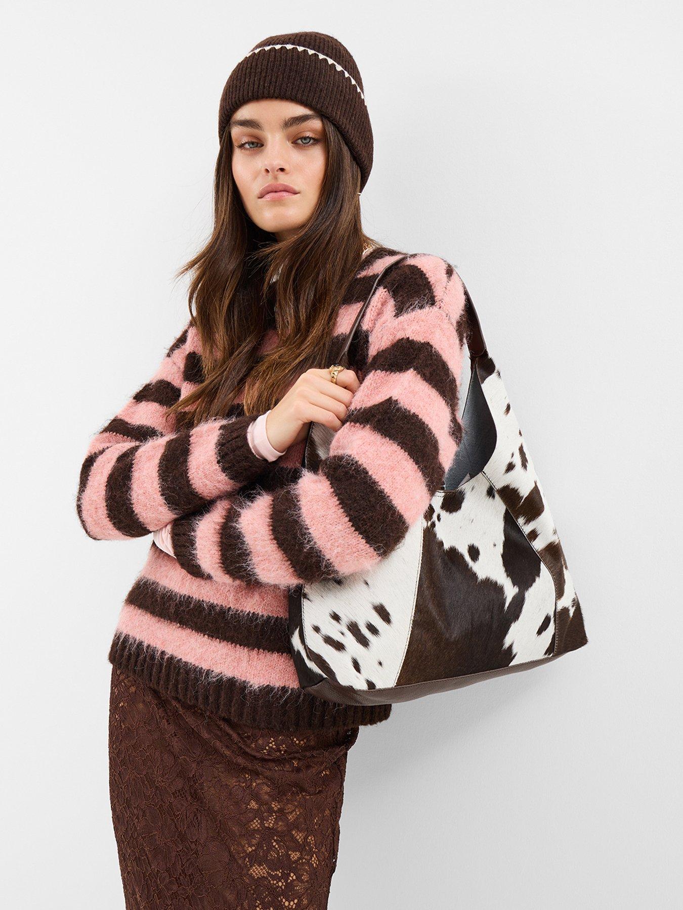  image of accessorize-striped-fluffy-jumper-pinkbrown