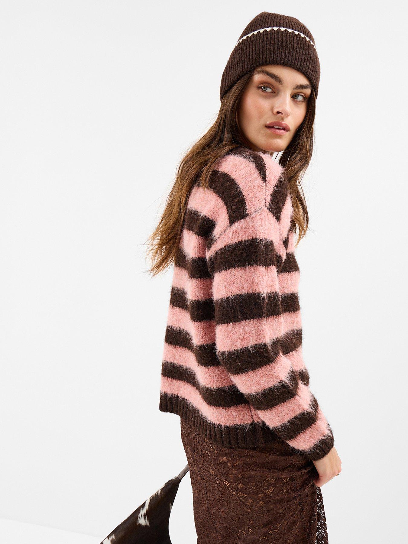 stillFront image of accessorize-striped-fluffy-jumper-pinkbrown