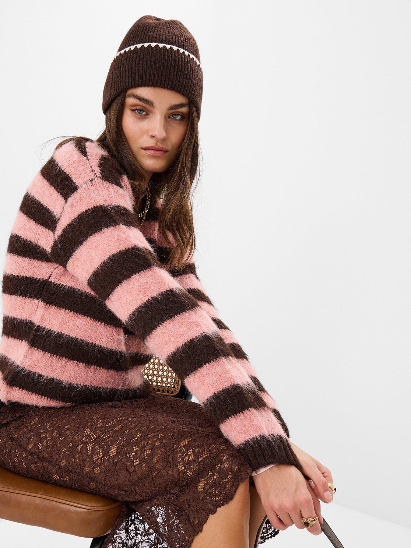  image of accessorize-striped-fluffy-jumper-pinkbrown