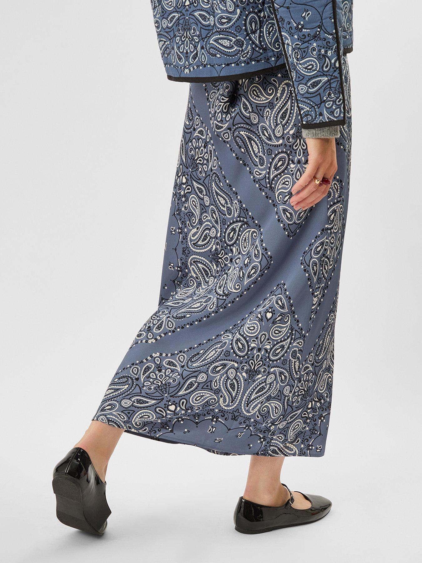  image of accessorize-scarf-print-satin-skirt-blue