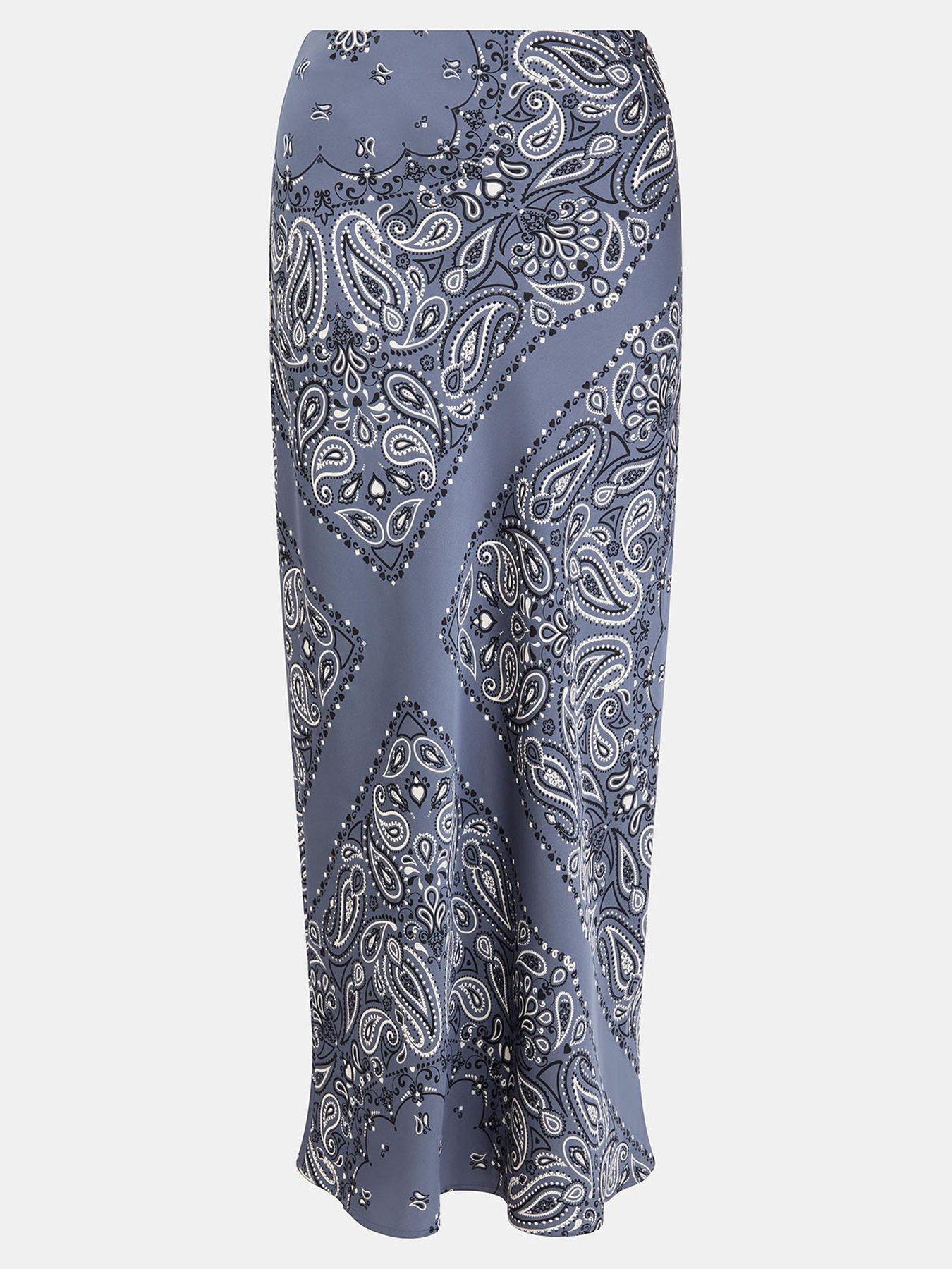  image of accessorize-scarf-print-satin-skirt-blue