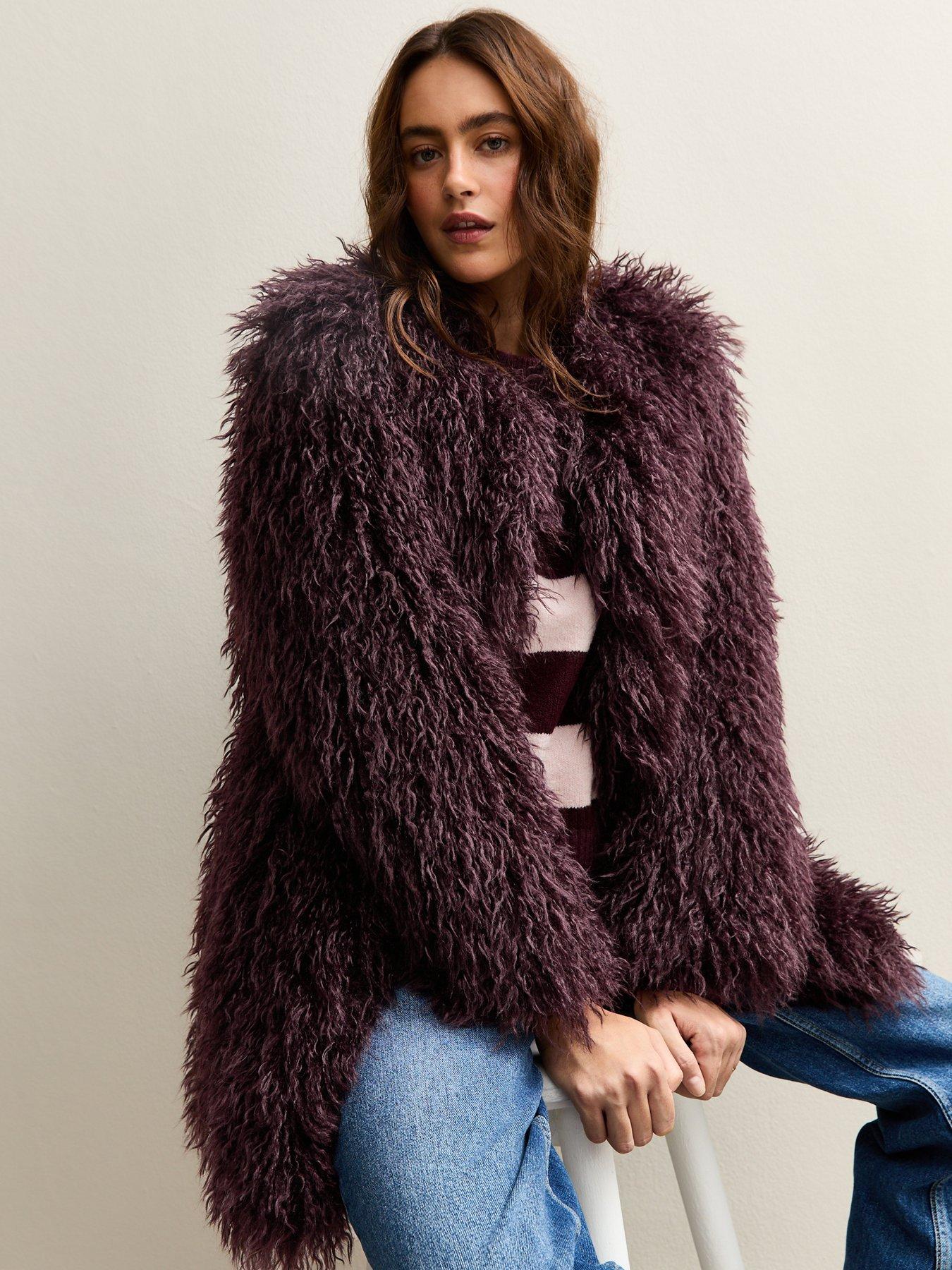 New Look Dark Burgundy Faux Fur Midi Coat
