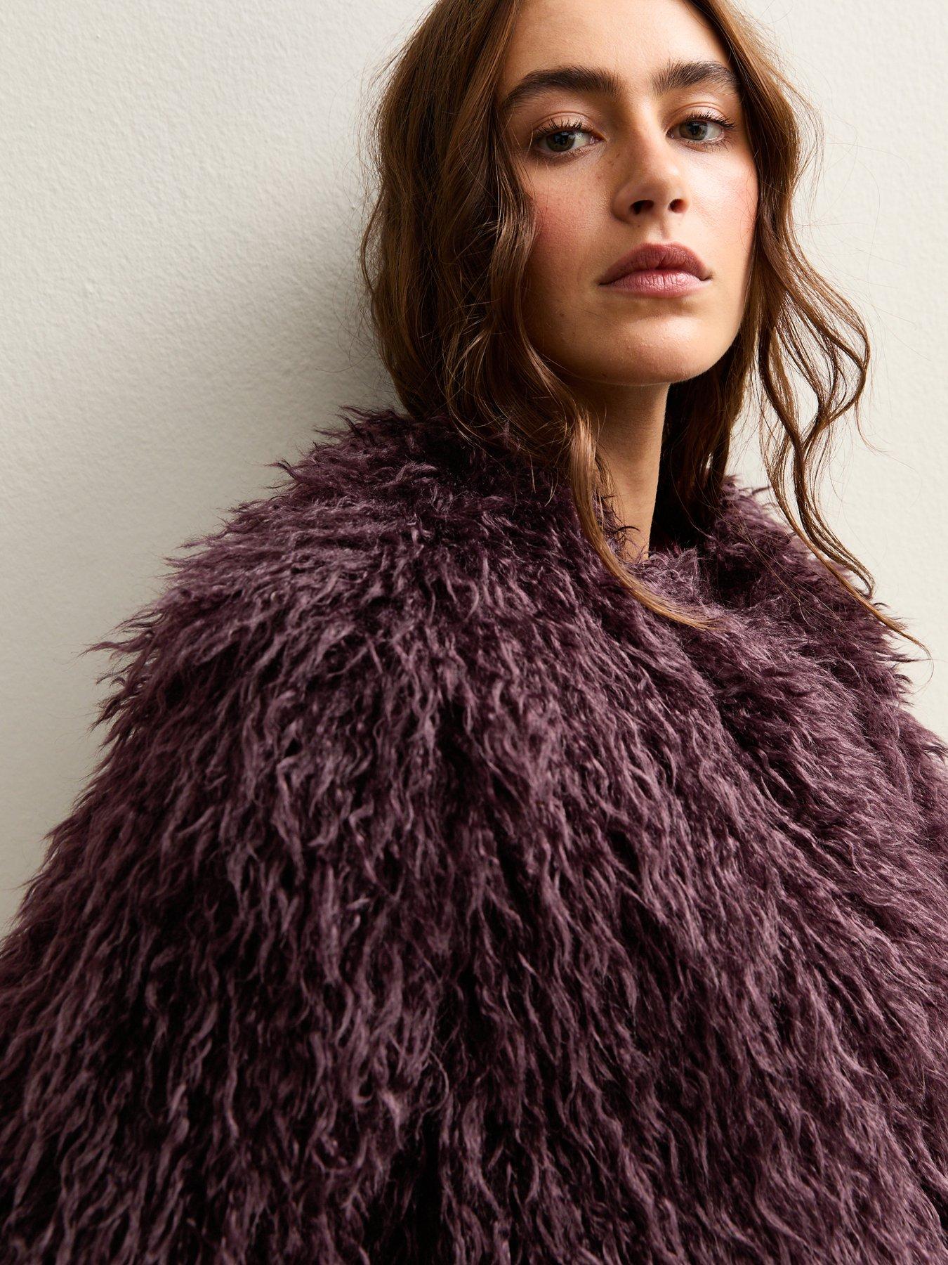 Image 5 of 6 of New Look Dark Burgundy Faux Fur Midi Coat