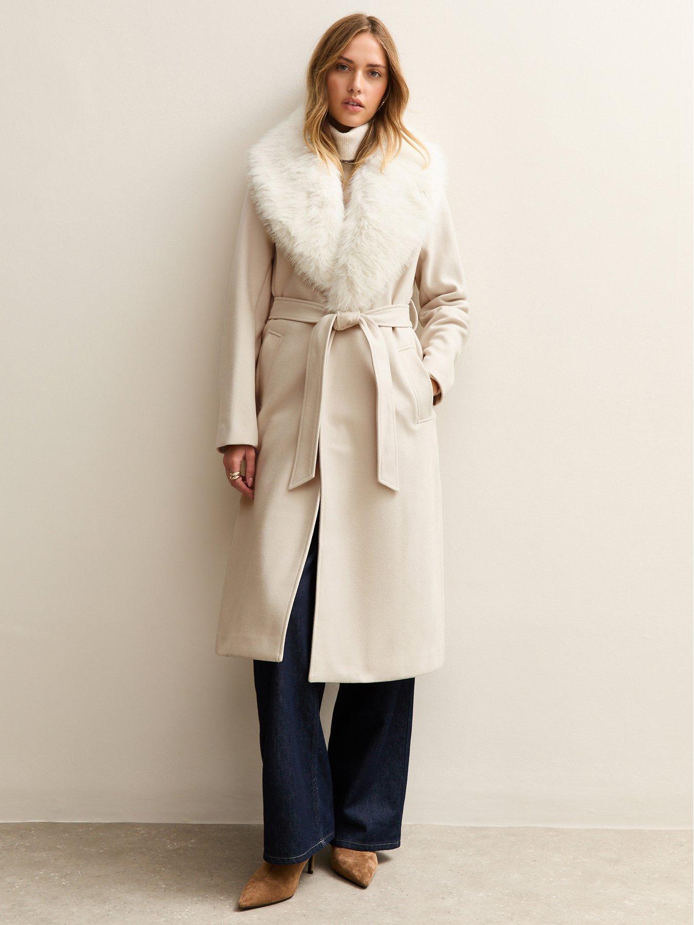  image of new-look-faux-fur-collar-wrap-coat-stone
