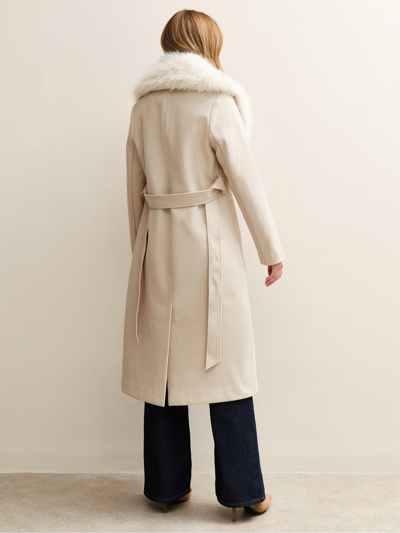  image of new-look-faux-fur-collar-wrap-coat-stone