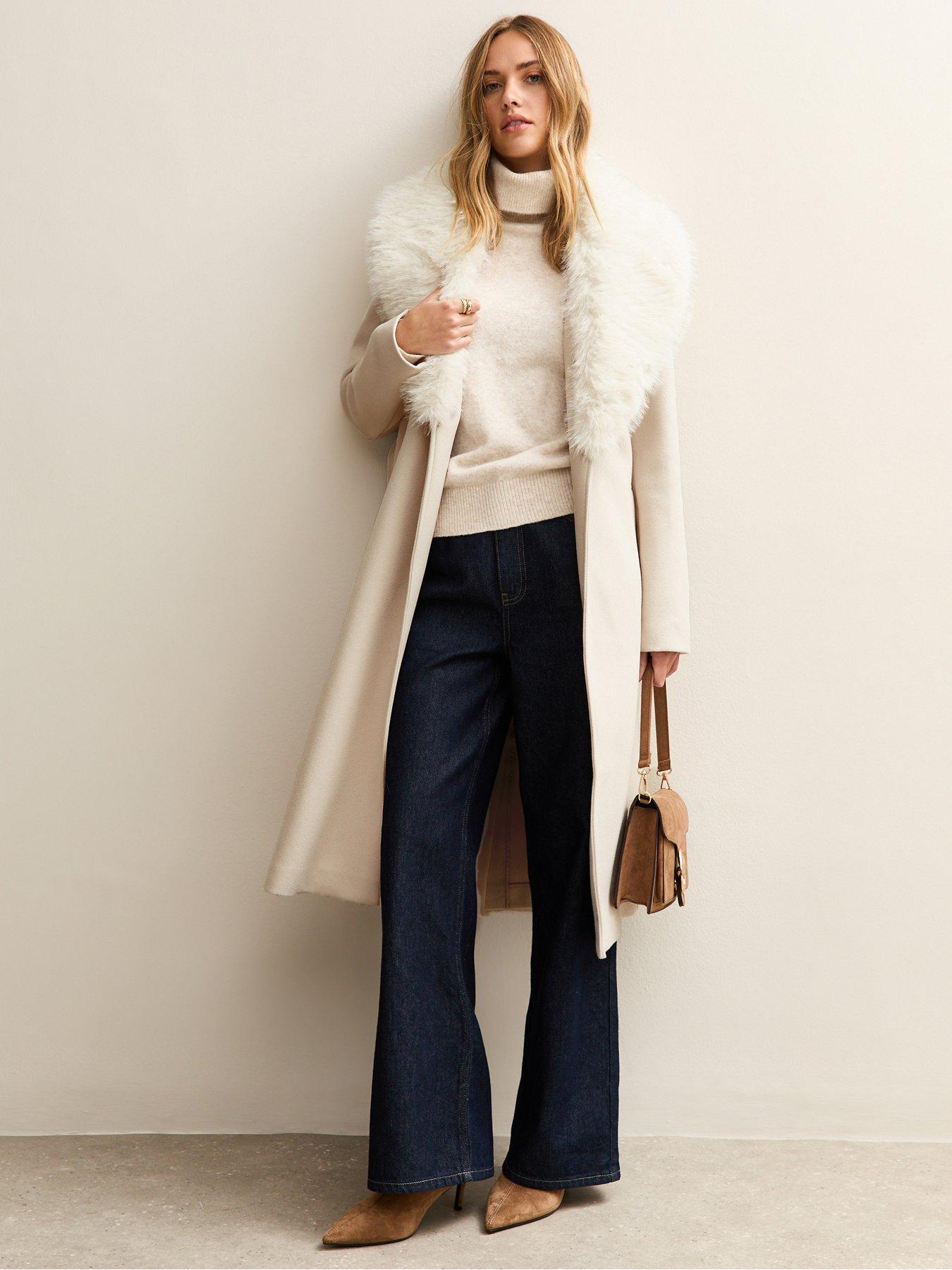  image of new-look-faux-fur-collar-wrap-coat-stone