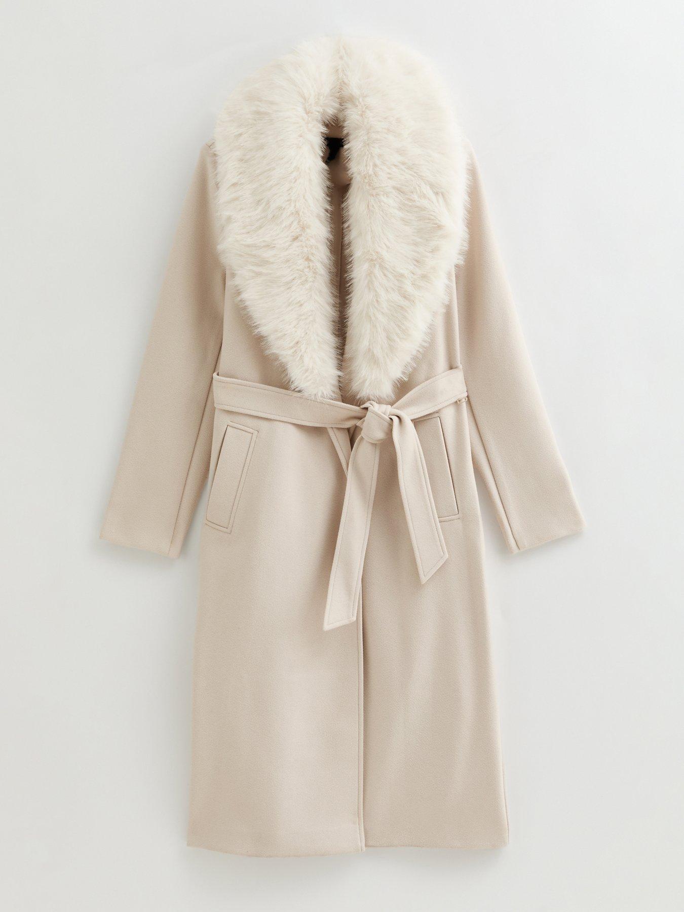  image of new-look-faux-fur-collar-wrap-coat-stone