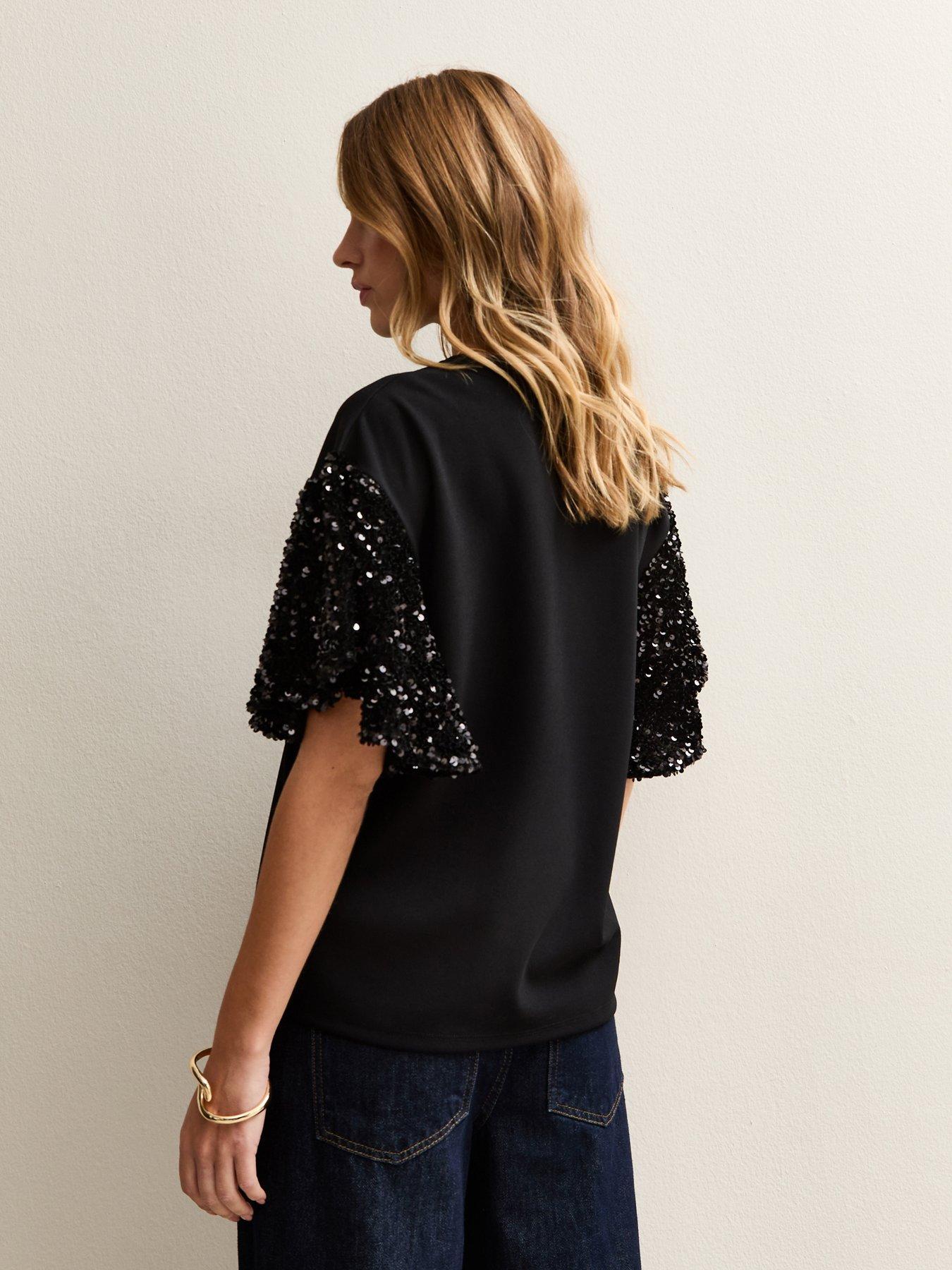 stillFront image of new-look-sequin-sleeve-short-sleeve-top-black