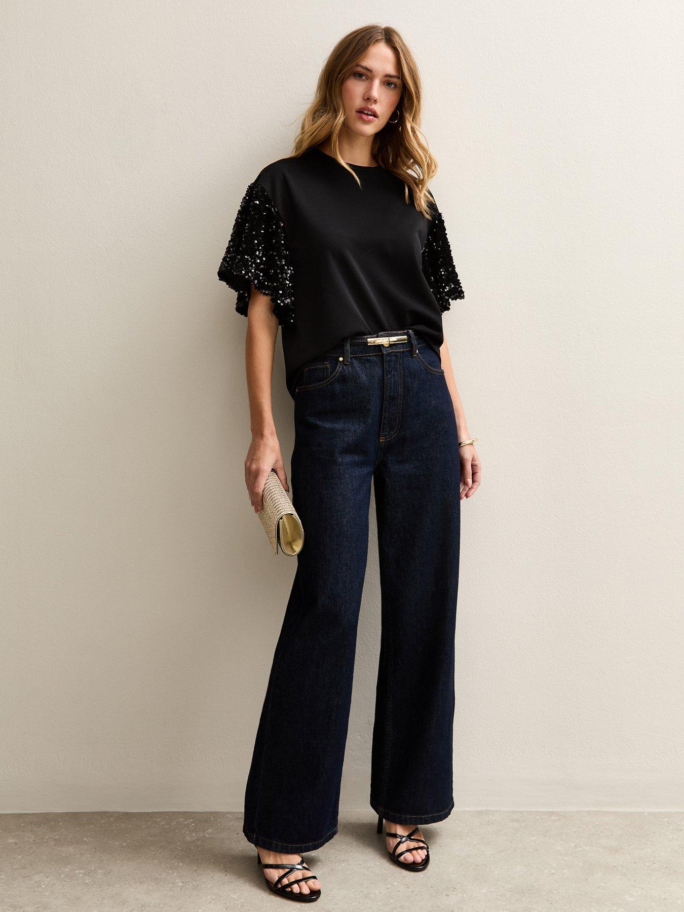 Image 3 of 5 of New Look Black Sequin Sleeve Short Sleeve Top