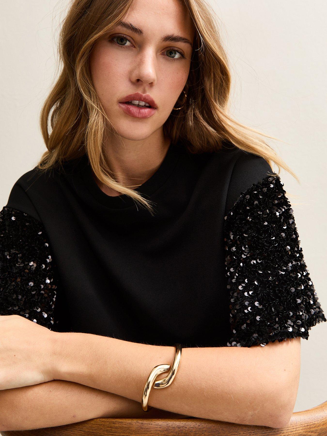  image of new-look-sequin-sleeve-short-sleeve-top-black