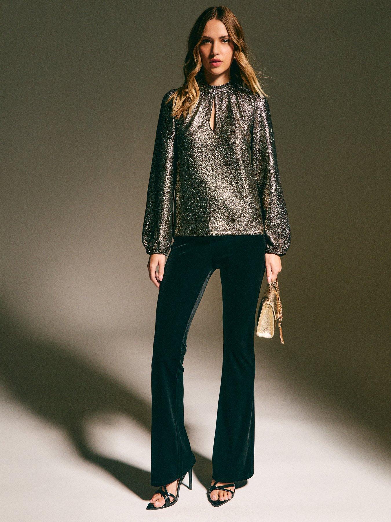  image of new-look-sparkly-keyhole-long-sleeve-top-gold