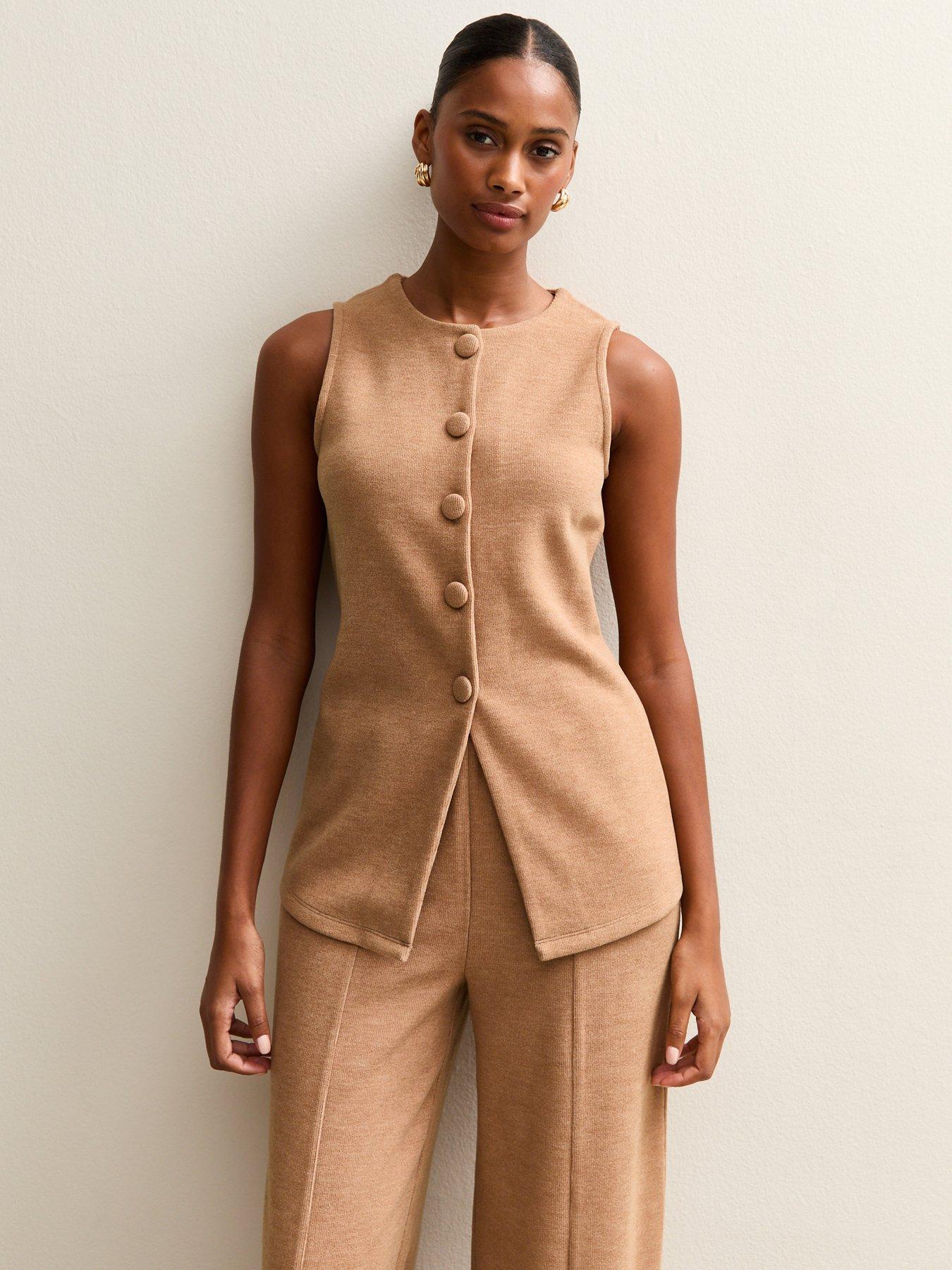 Image 1 of 5 of New Look Soft Touch Compact Knit Split Front Waistcoat - Camel