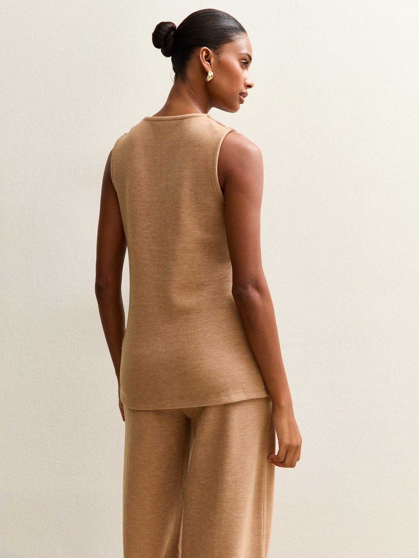 Image 2 of 5 of New Look Soft Touch Compact Knit Split Front Waistcoat - Camel