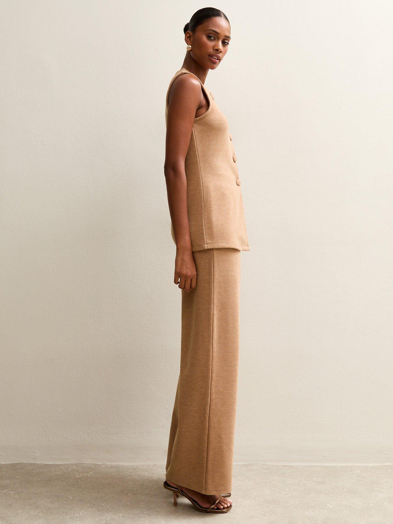 Image 3 of 6 of New Look Soft Touch Compact Wide Leg Trouser - Camel