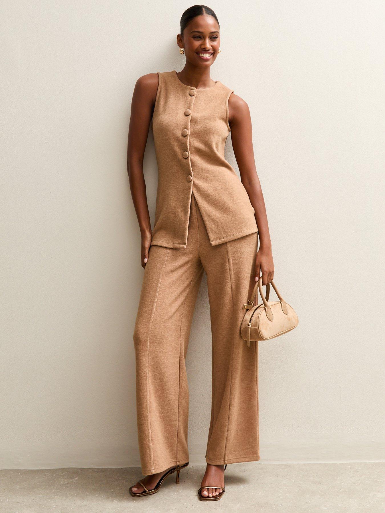 Image 4 of 6 of New Look Soft Touch Compact Wide Leg Trouser - Camel