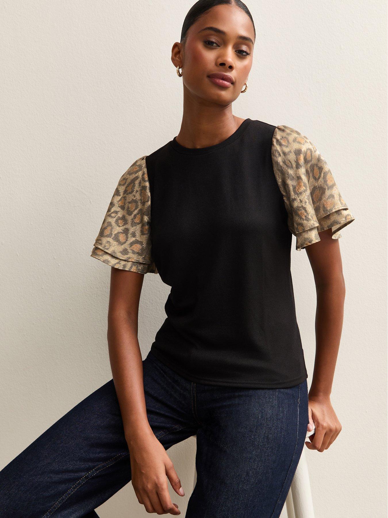 new-look-soft-touch-animal-print-foil-flutter-sleeve-top-black