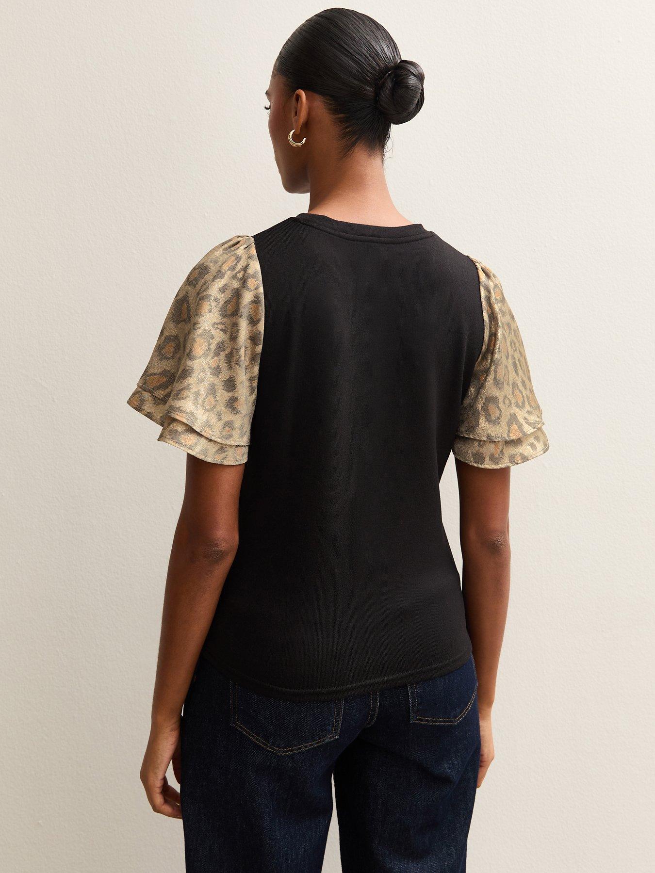  image of new-look-soft-touch-animal-print-foil-flutter-sleeve-top-black