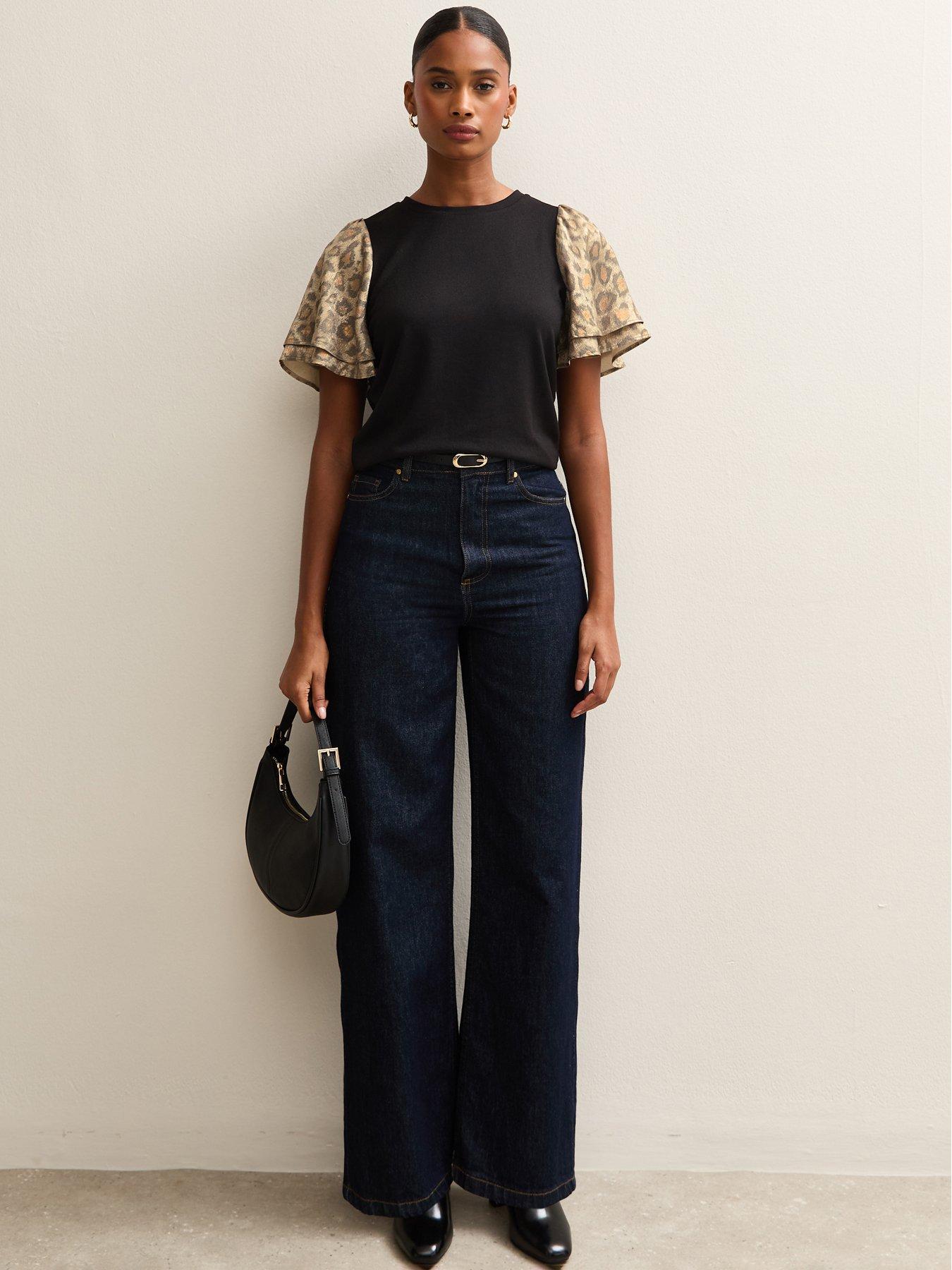  image of new-look-soft-touch-animal-print-foil-flutter-sleeve-top-black
