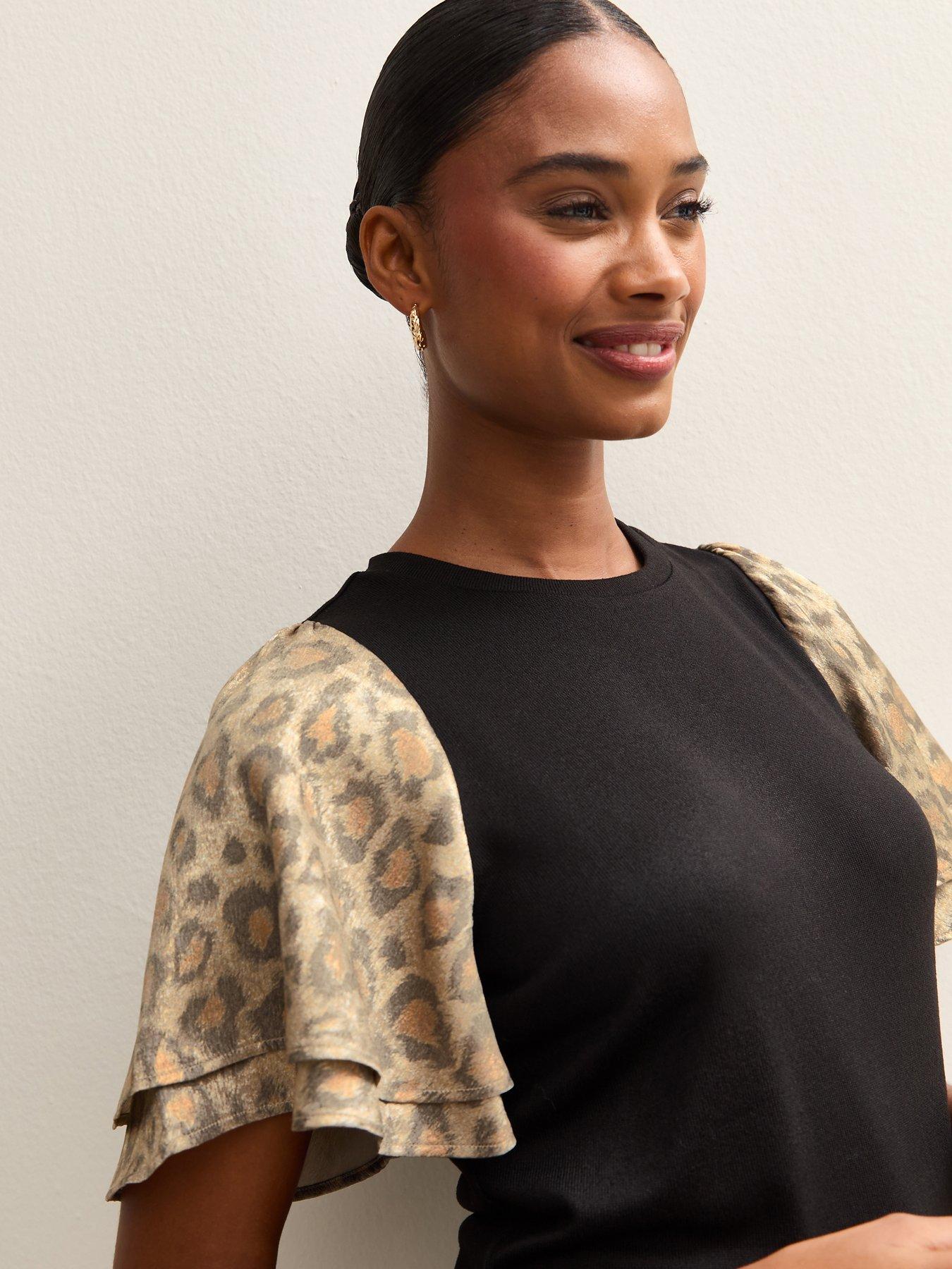  image of new-look-soft-touch-animal-print-foil-flutter-sleeve-top-black