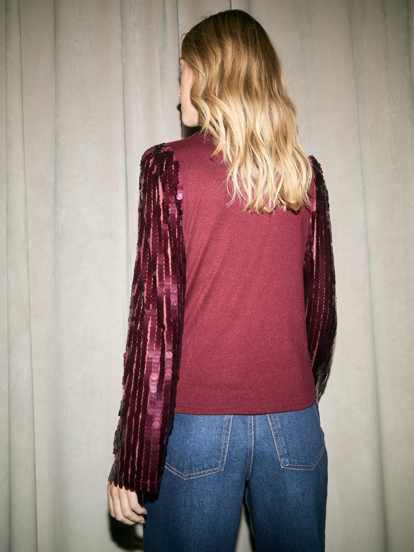 Image 2 of 4 of New Look Dark Burgundy Sequin Sleeve High Neck Top