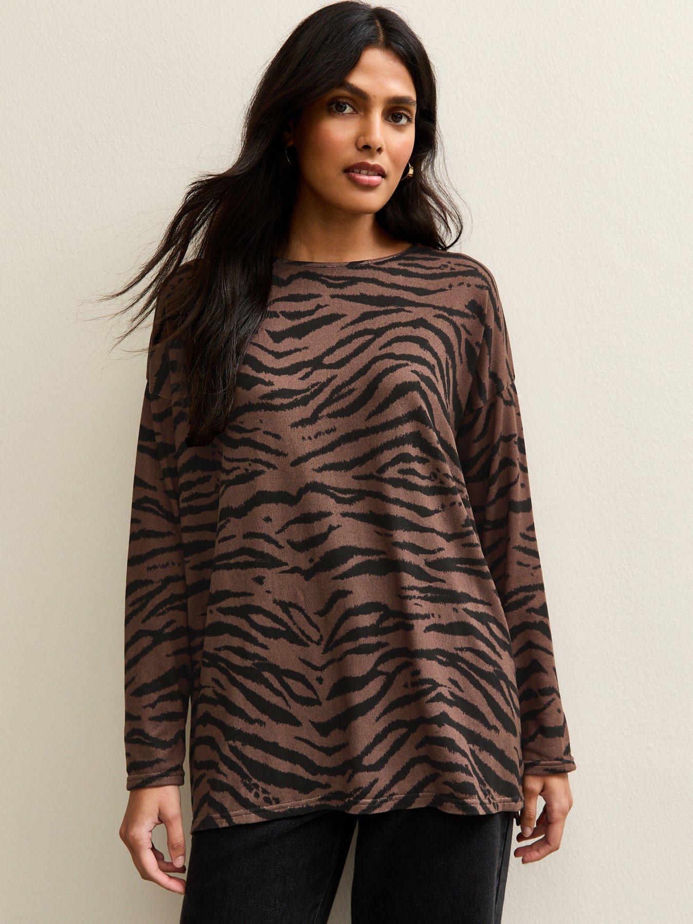 Image 1 of 5 of New Look Soft Touch Tiger Print Top - Brown
