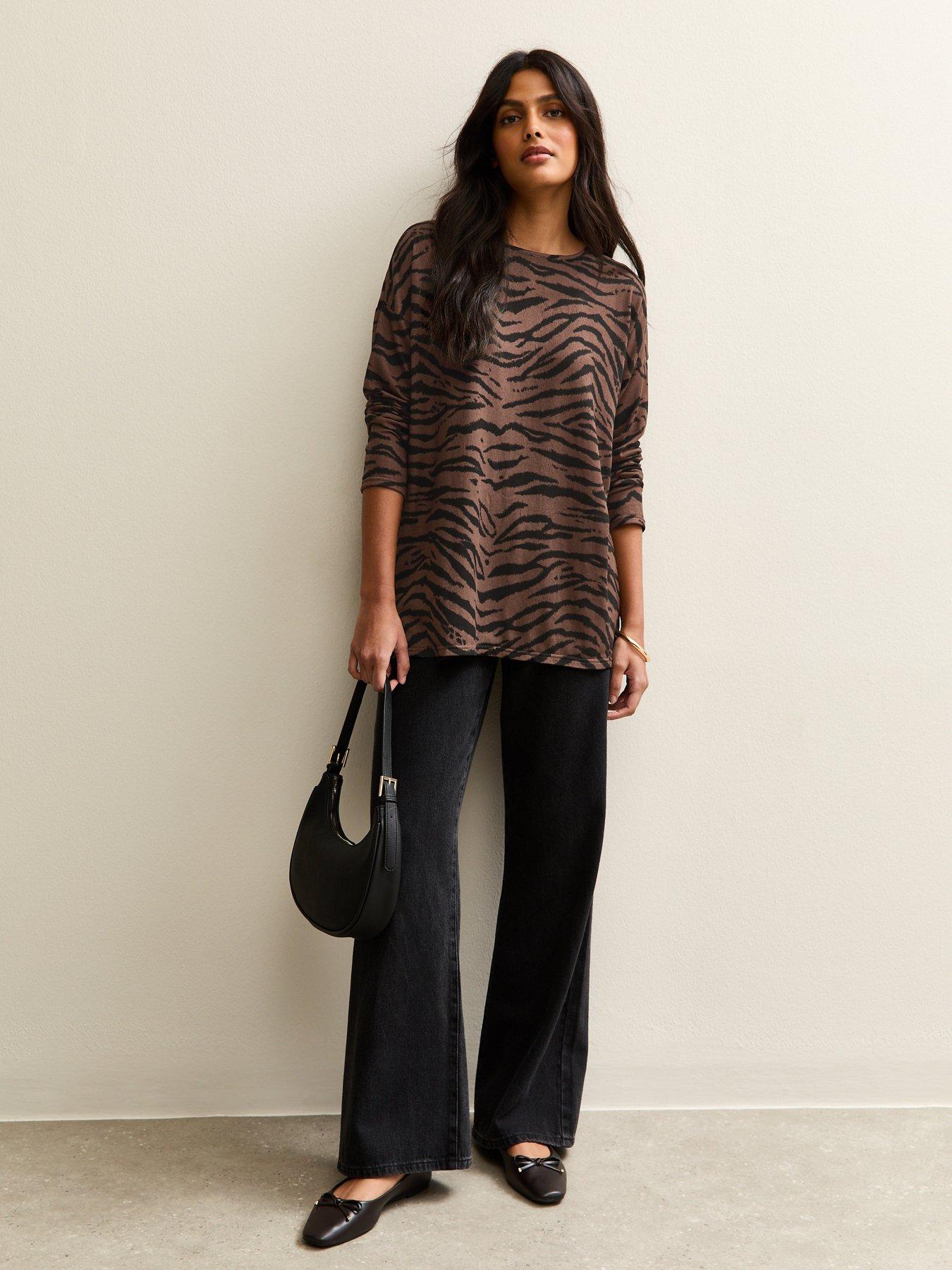 Image 3 of 5 of New Look Soft Touch Tiger Print Top - Brown