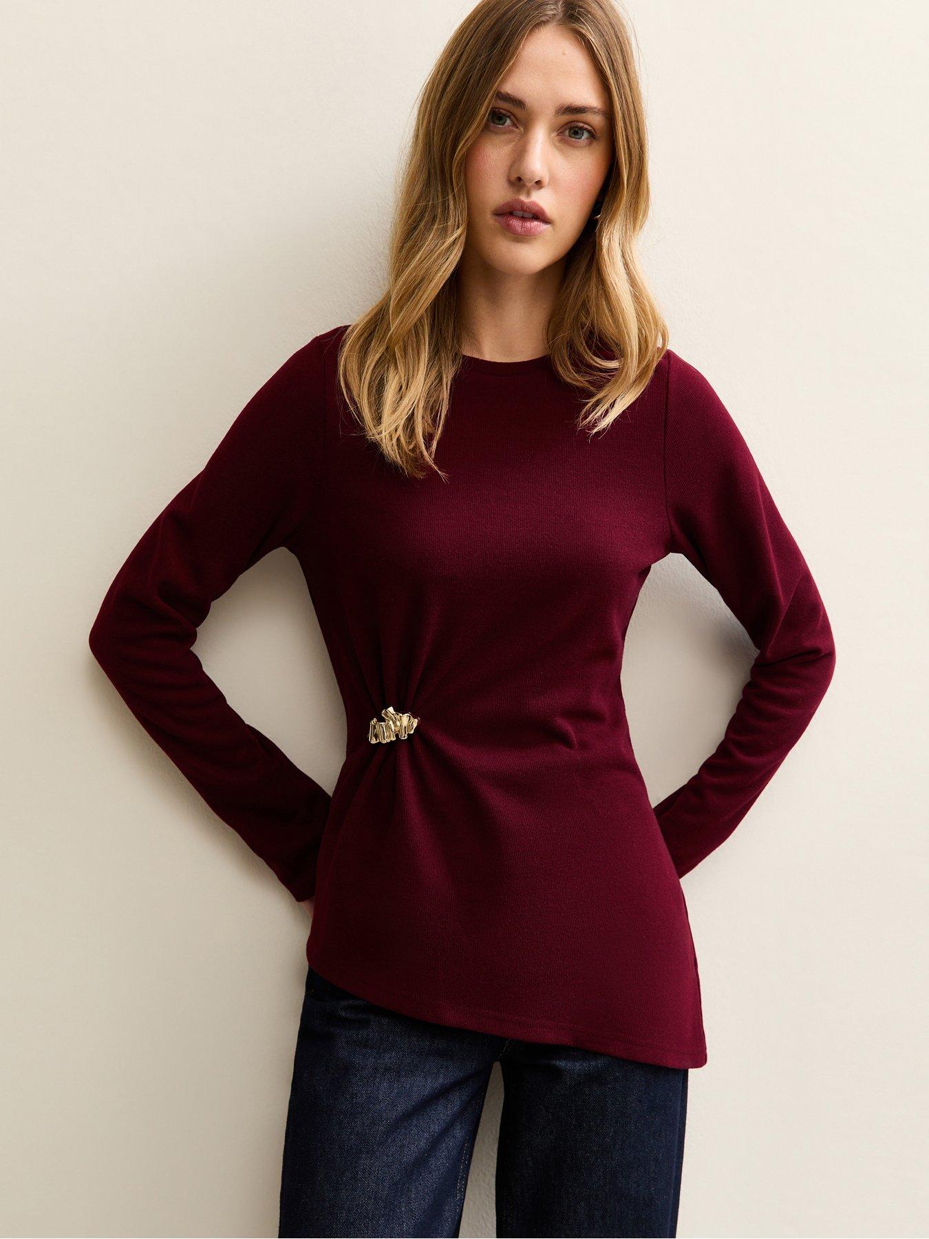 New Look Broach Gather Asymmetric Hem Top - Burgundy