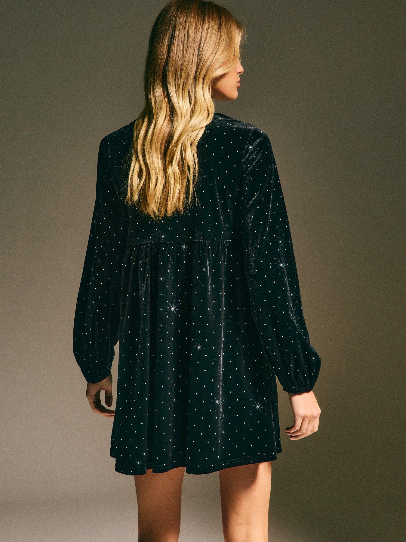  image of new-look-black-velvet-diamante-studded-v-neck-smock-mini-dress