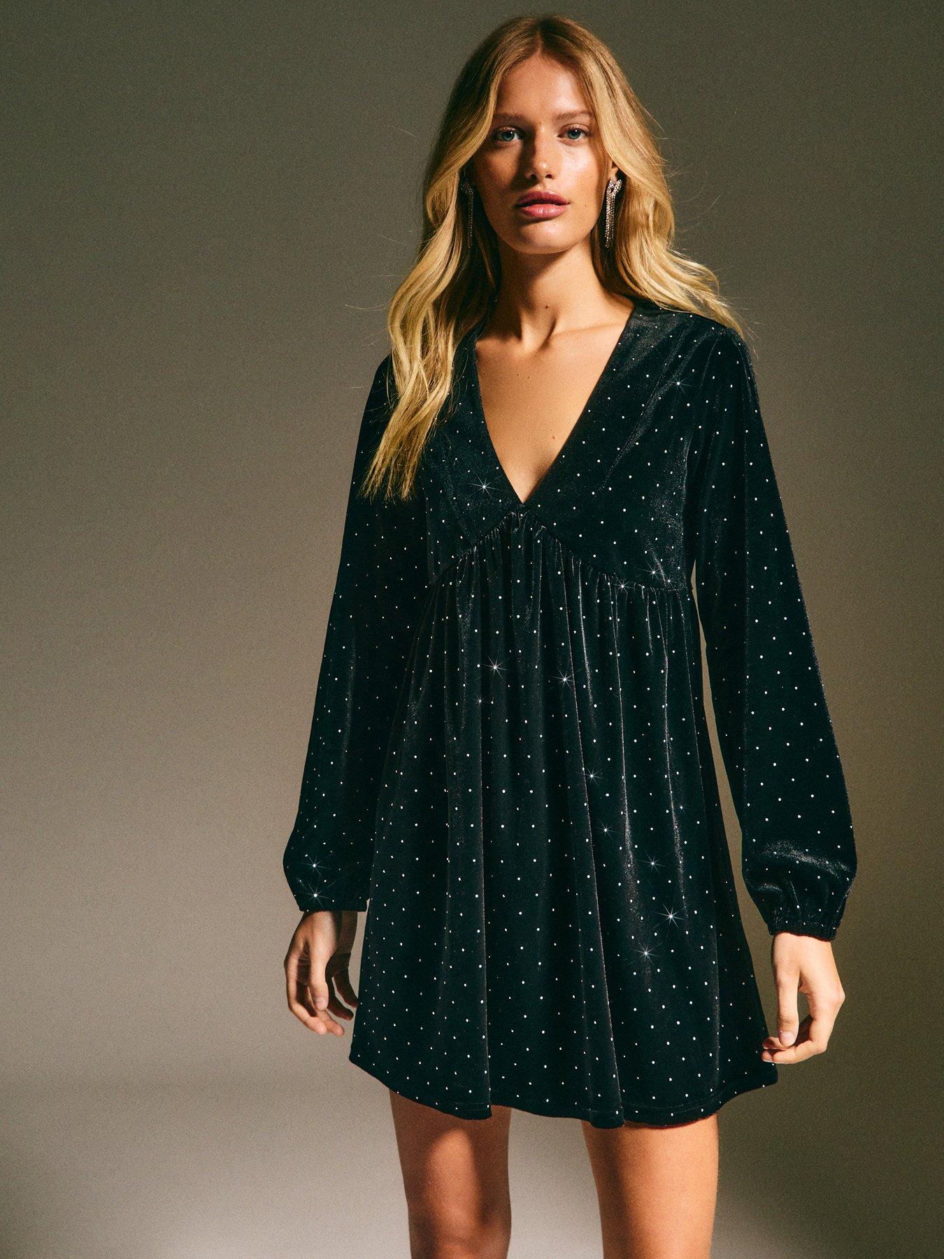  image of new-look-black-velvet-diamante-studded-v-neck-smock-mini-dress