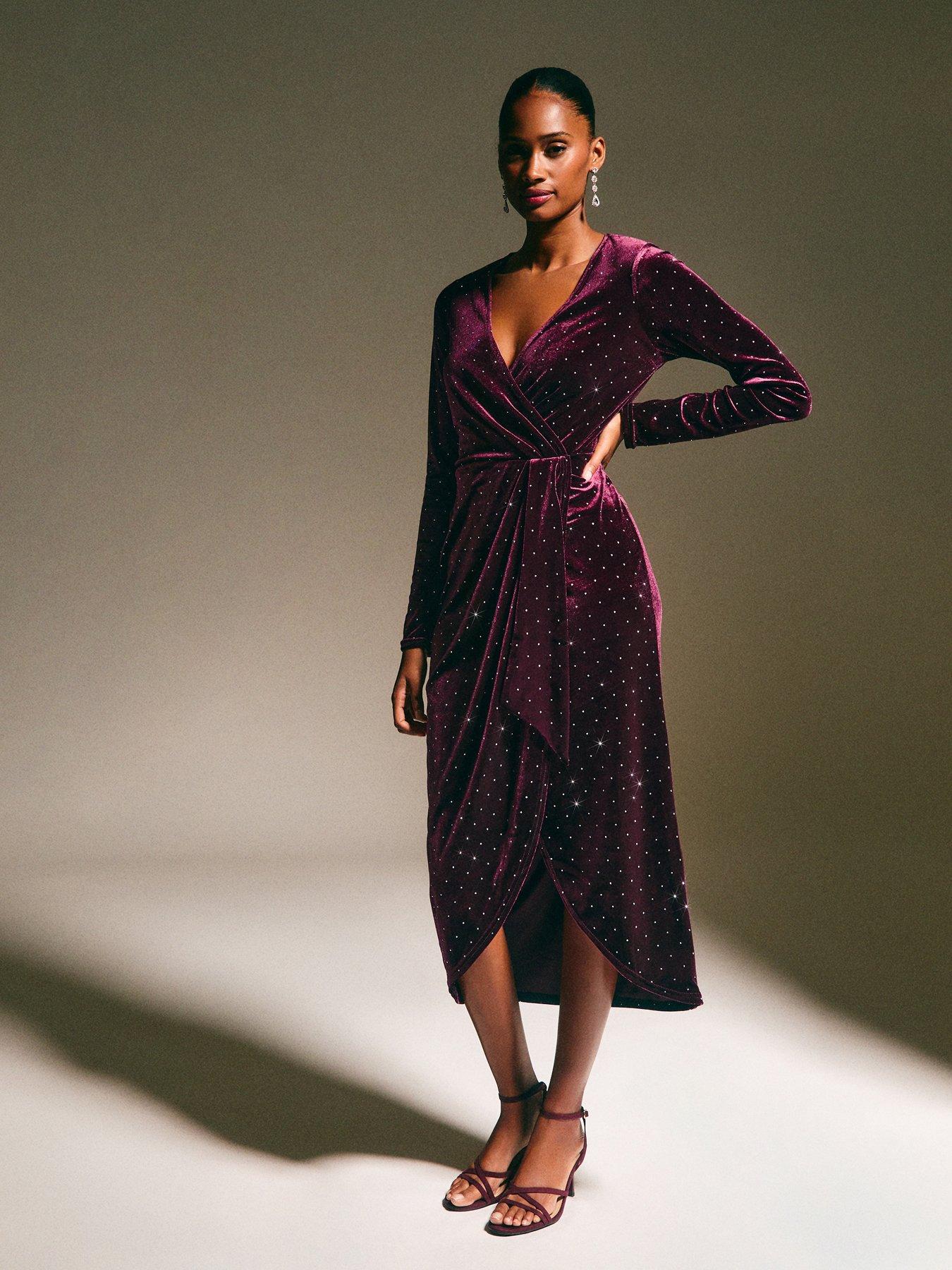  image of new-look-dark-burgundy-velvet-diamante-embellished-wrap-midi-dress