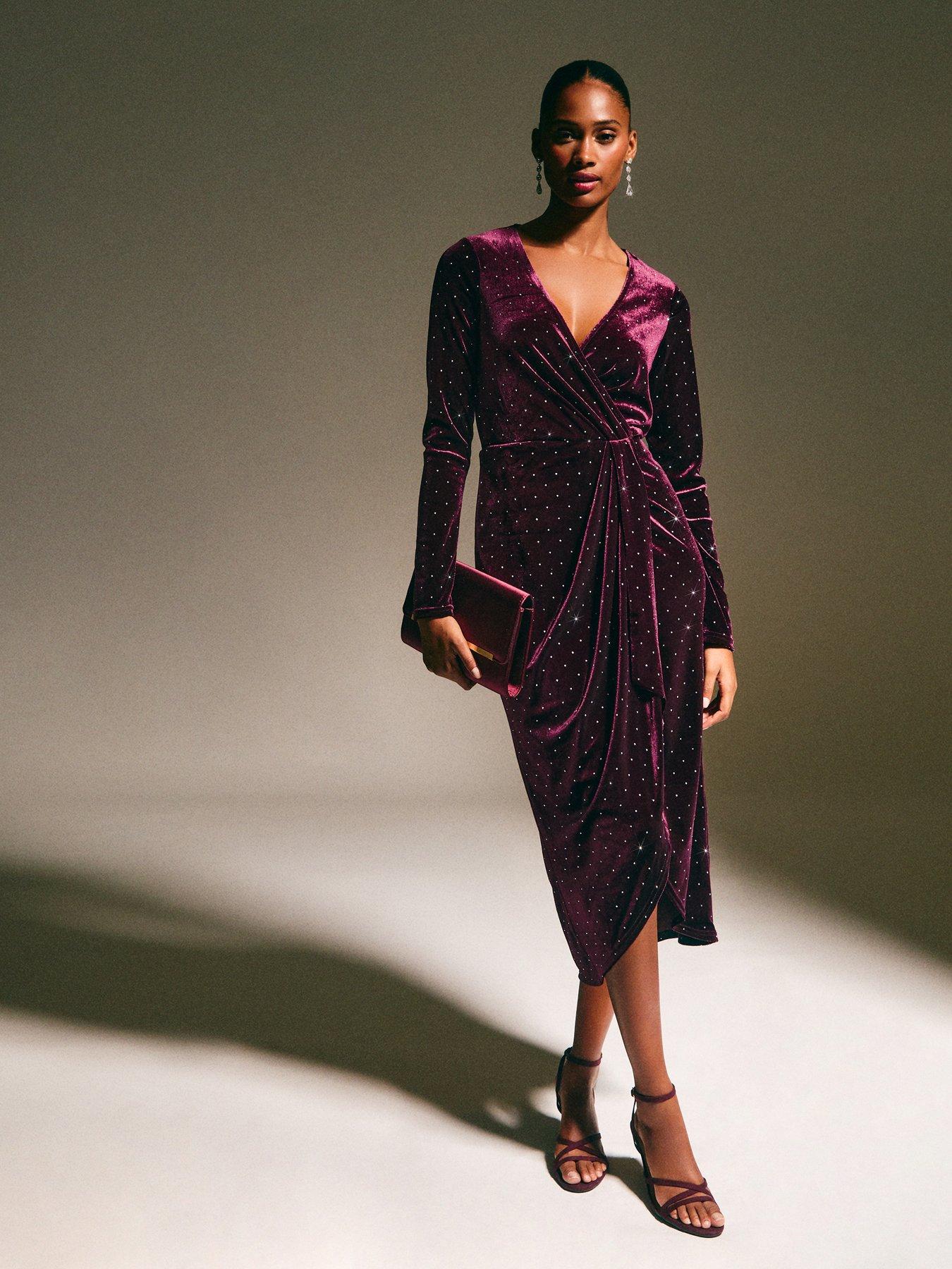 image of new-look-dark-burgundy-velvet-diamante-embellished-wrap-midi-dress