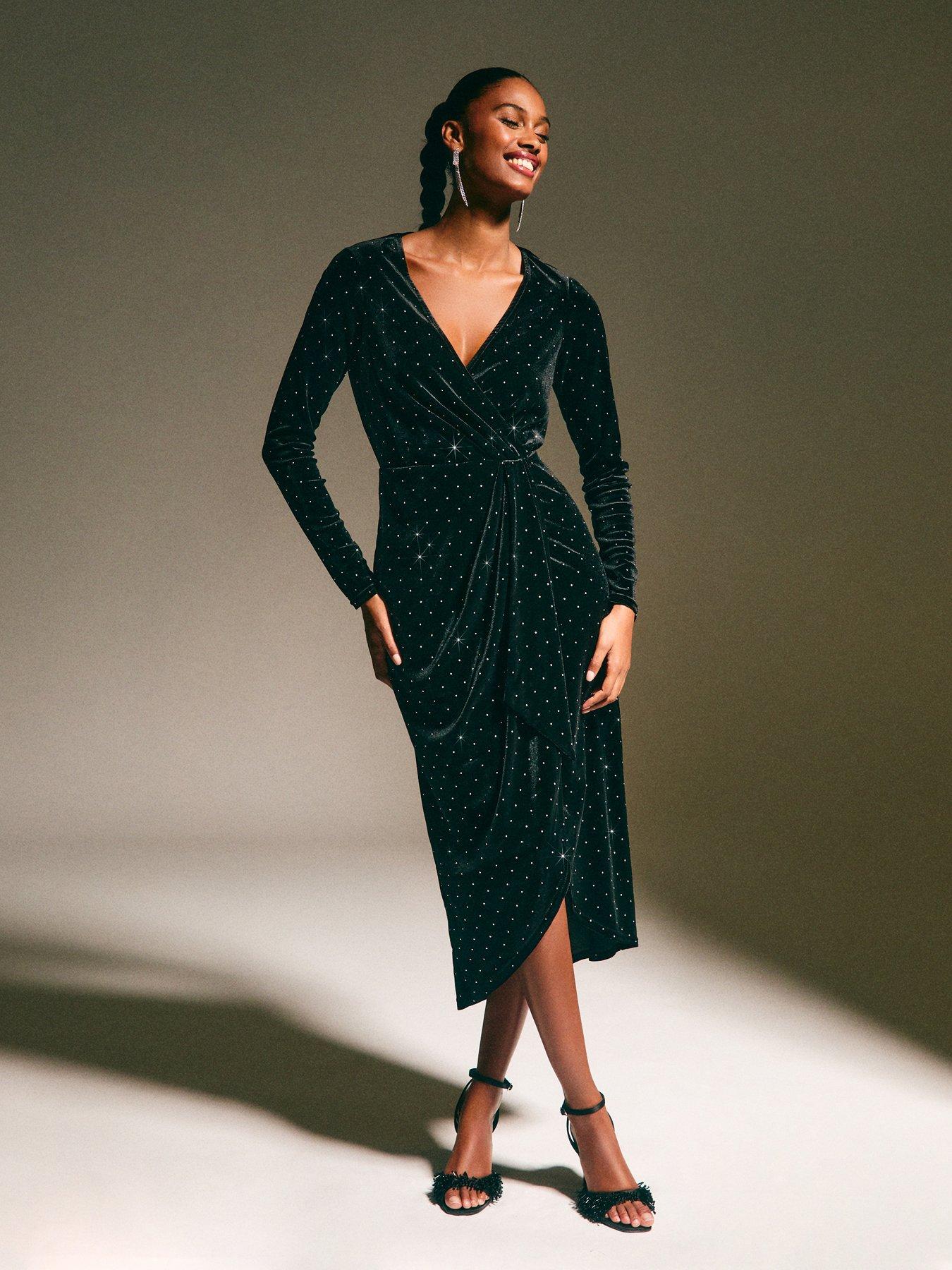 New Look Velvet Diamante Embellished Wrap Midi Dress - Black