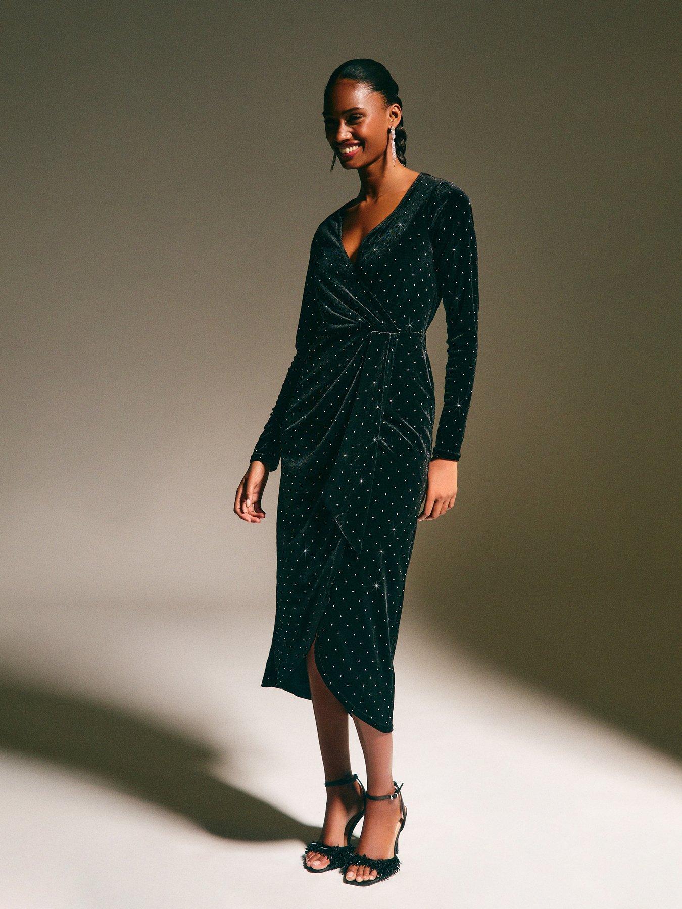 image of new-look-black-velvet-diamante-embellished-wrap-midi-dress