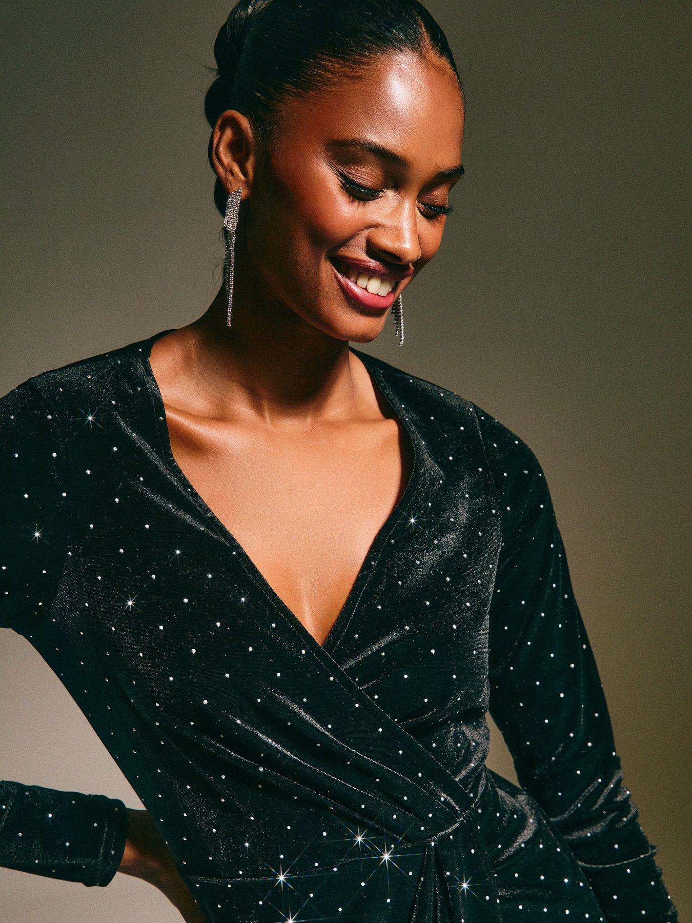  image of new-look-black-velvet-diamante-embellished-wrap-midi-dress