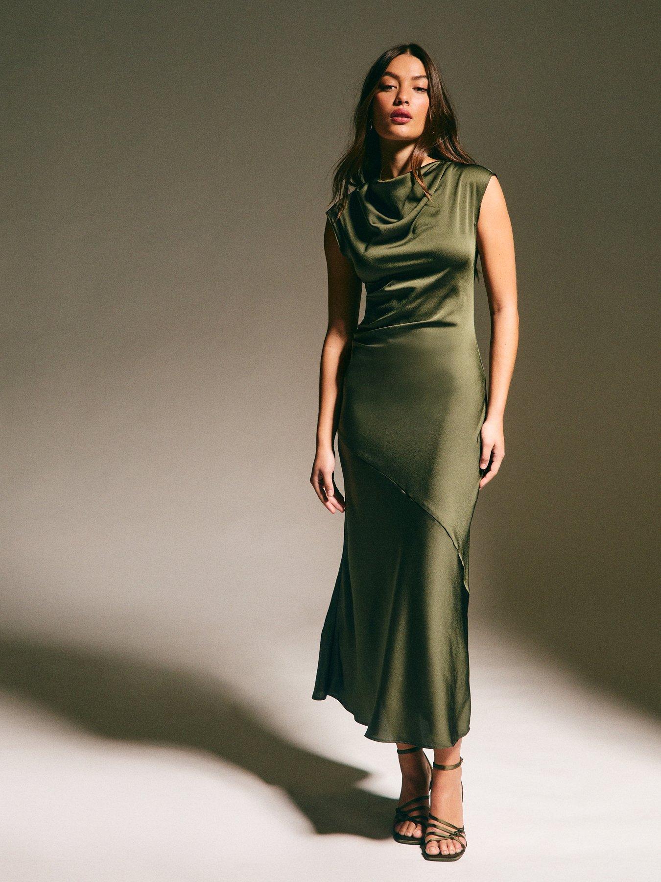 New Look Light Khaki Satin Cowl Neck Midi Dress