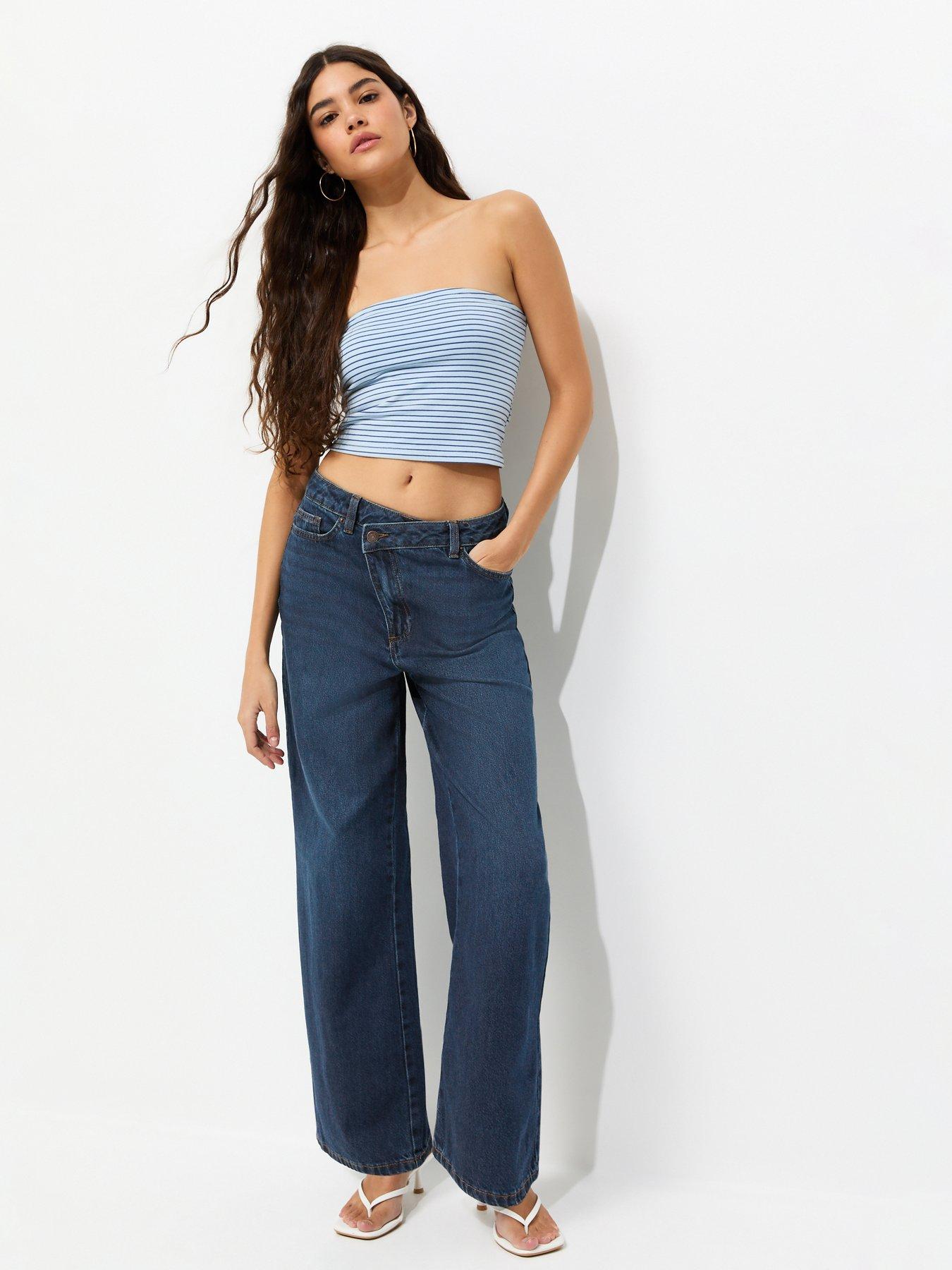 New Look Dark Blue Crossover Fly Wide Leg Jeans