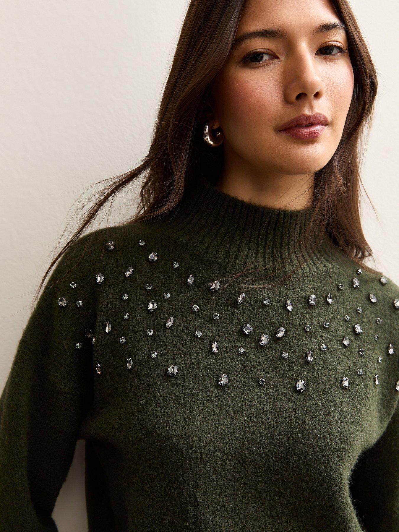  image of new-look-diamante-high-neck-jumper-khaki