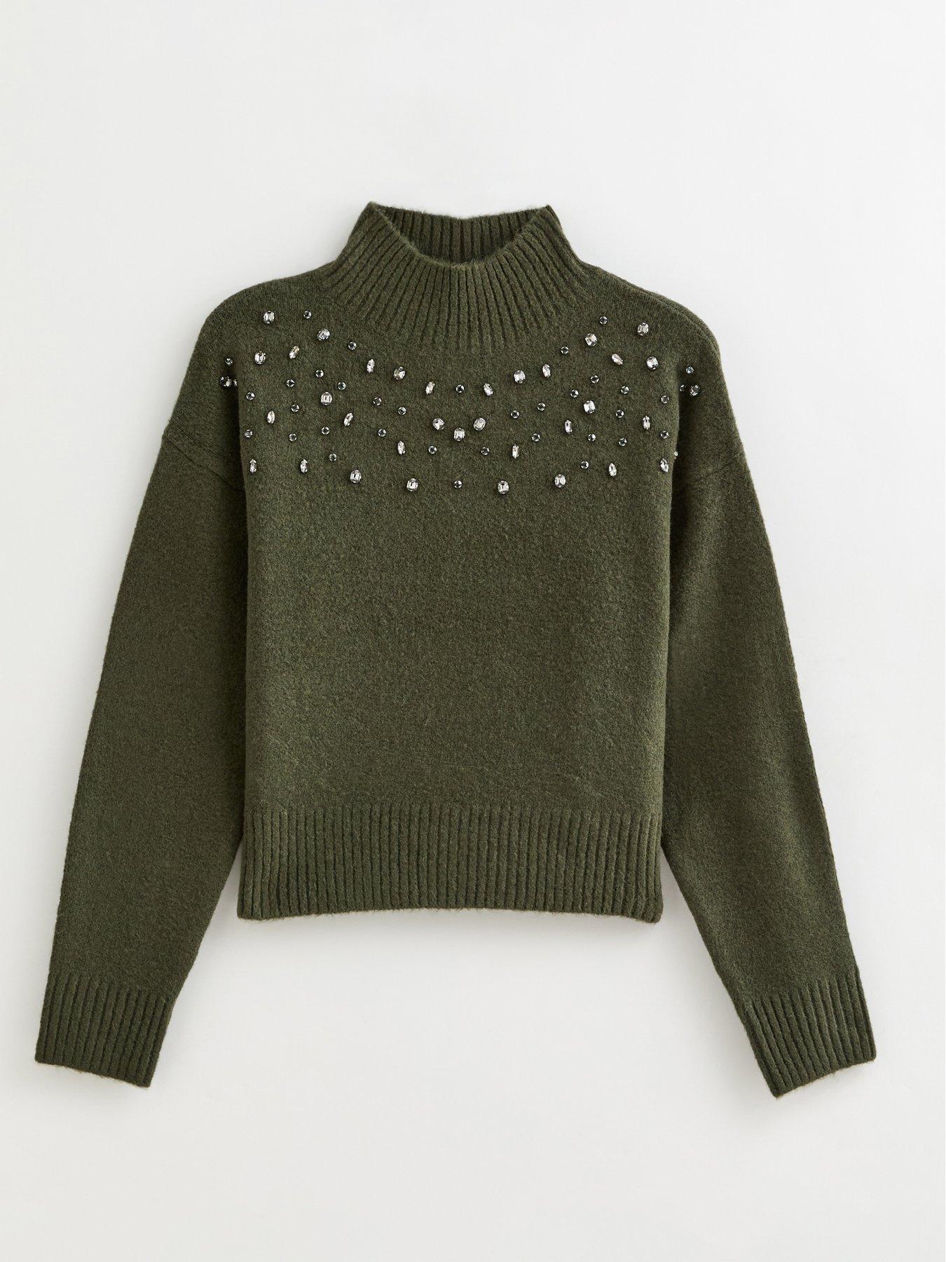  image of new-look-diamante-high-neck-jumper-khaki