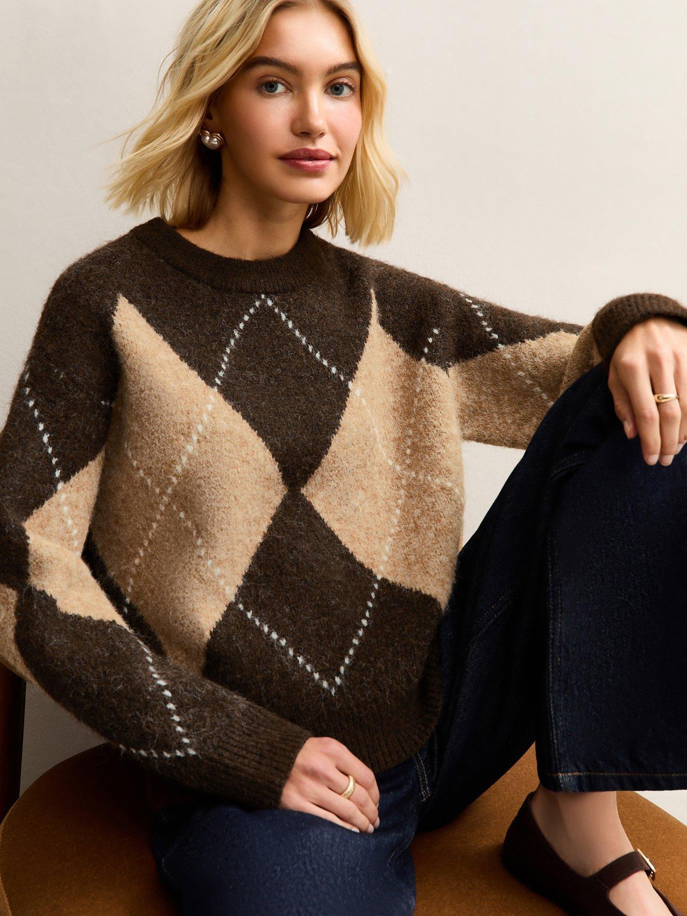 New Look Brown Argyle Pattern Crew Neck Jumper
