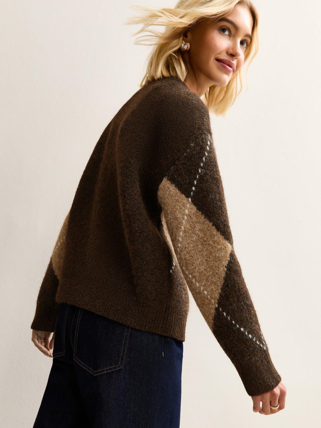 Image 2 of 7 of New Look Brown Argyle Pattern Crew Neck Jumper
