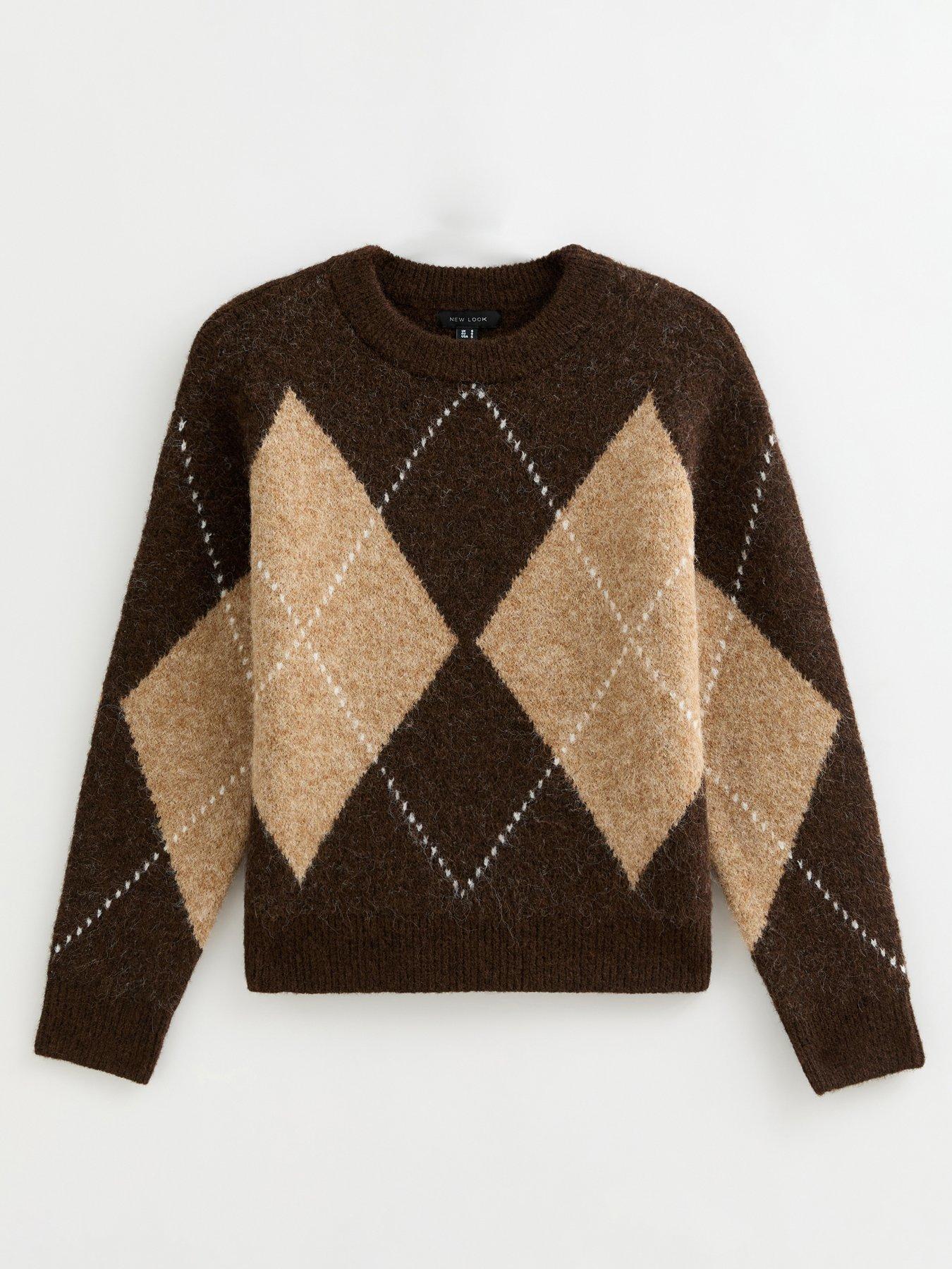 Image 6 of 7 of New Look Brown Argyle Pattern Crew Neck Jumper